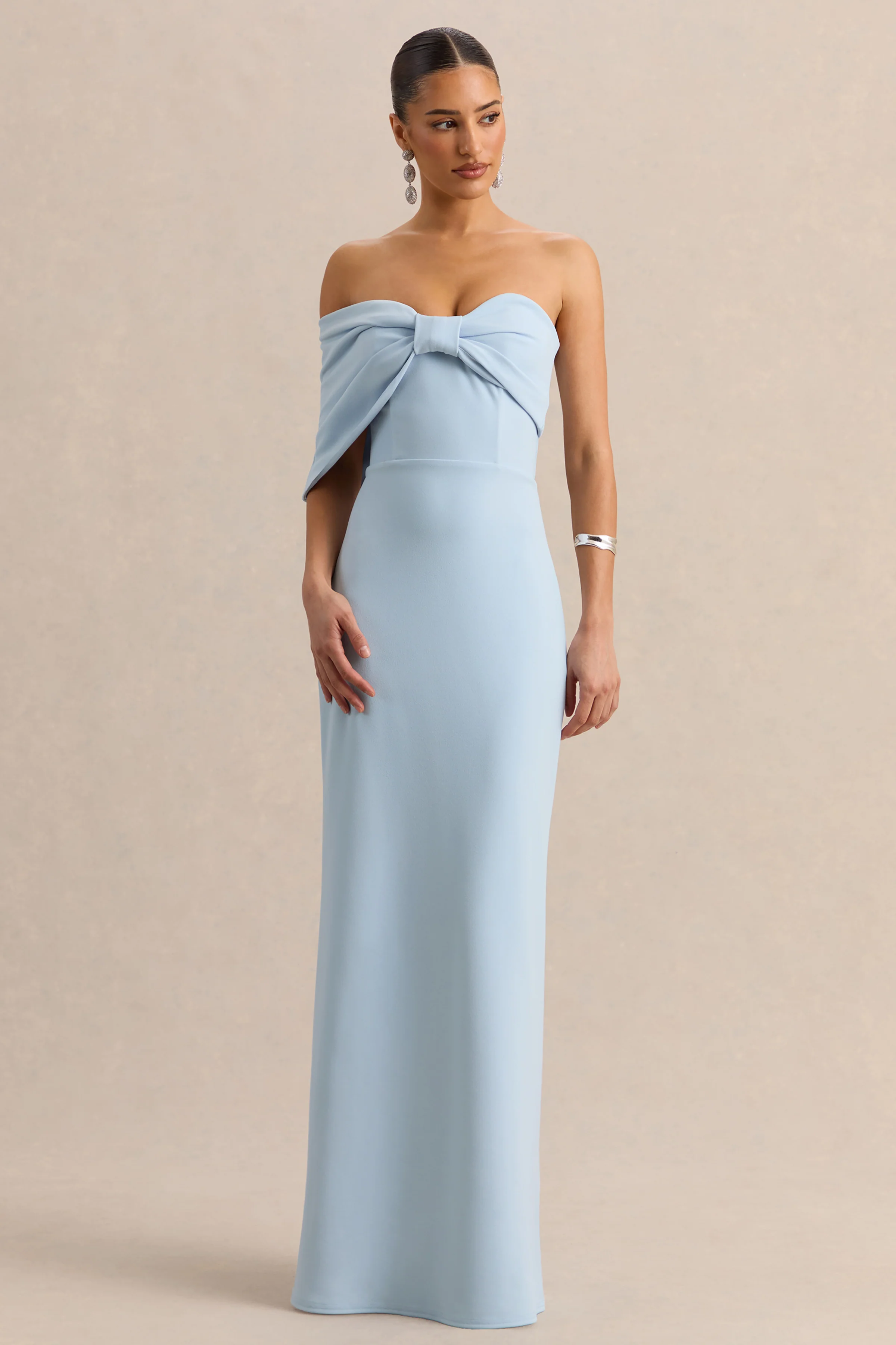 Agatha | Poederblauwe Strik Bardot Hals Maxi Jurk - Image 5