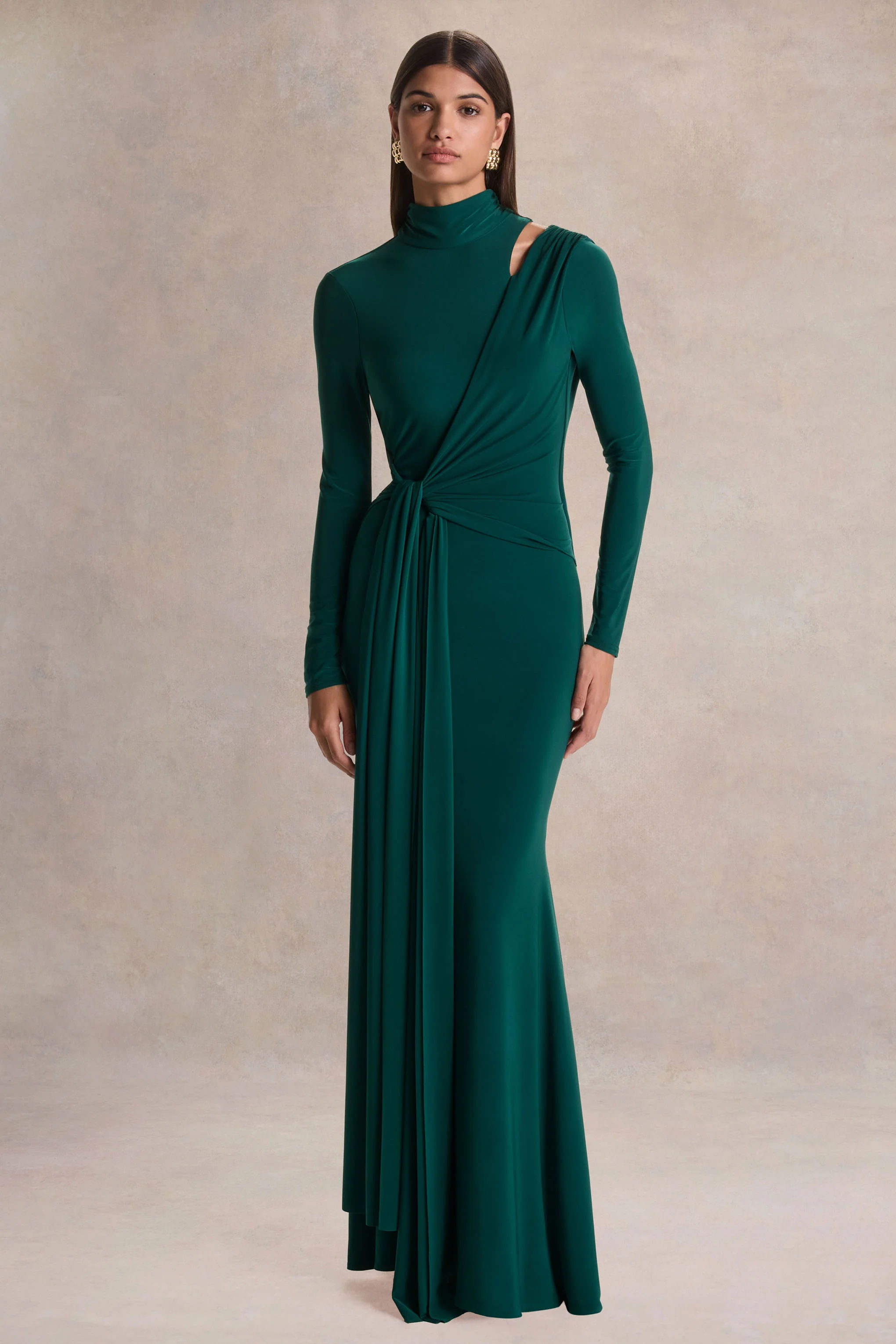 Alastrina | Donkergroene Hoge-Hals Maxi Jurk Met Gerimpelde Detail - Image 5