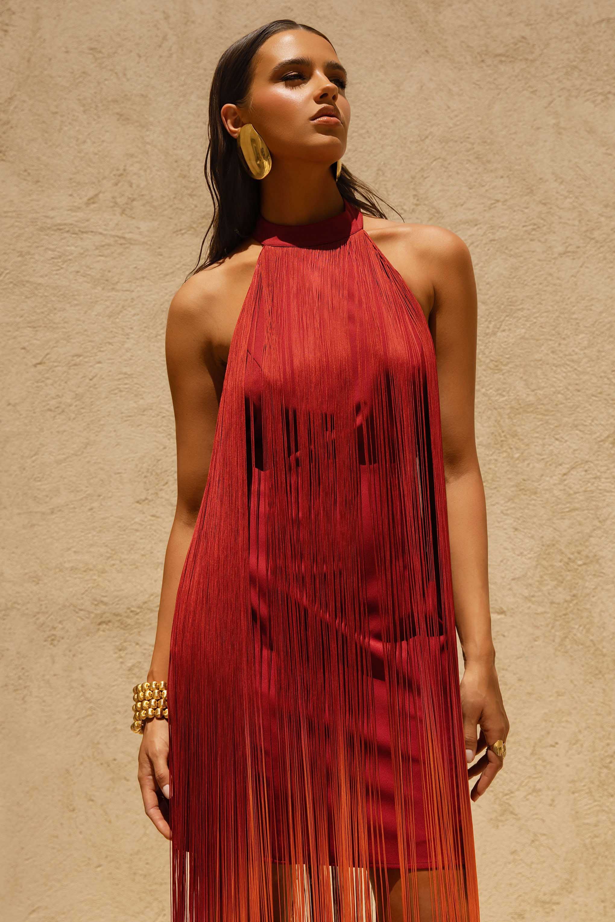 Alessia | Oranje Ombre Hoge Hals Maxi Jurk Met Franje - Image 5