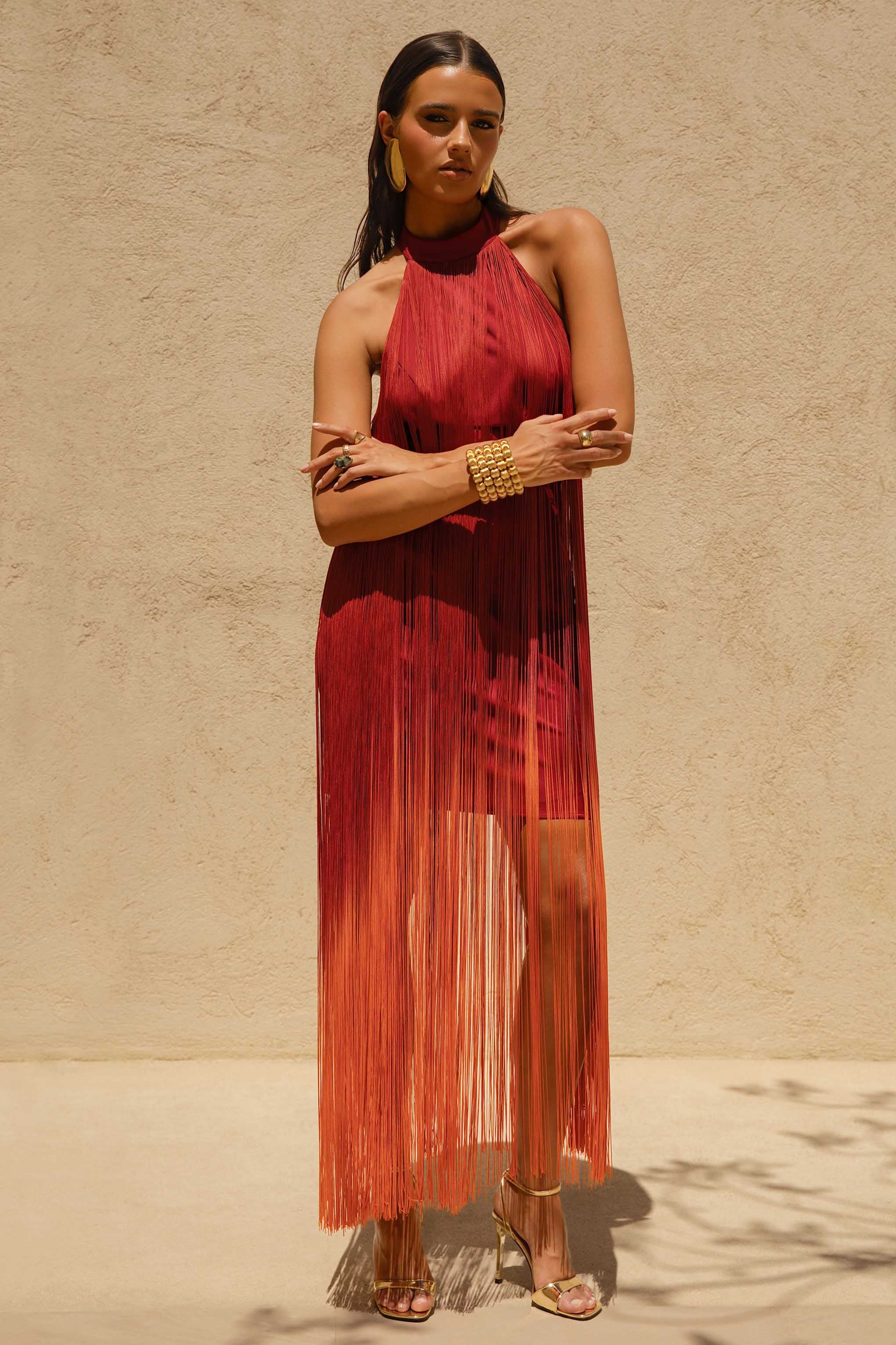 Alessia | Oranje Ombre Hoge Hals Maxi Jurk Met Franje - Image 6
