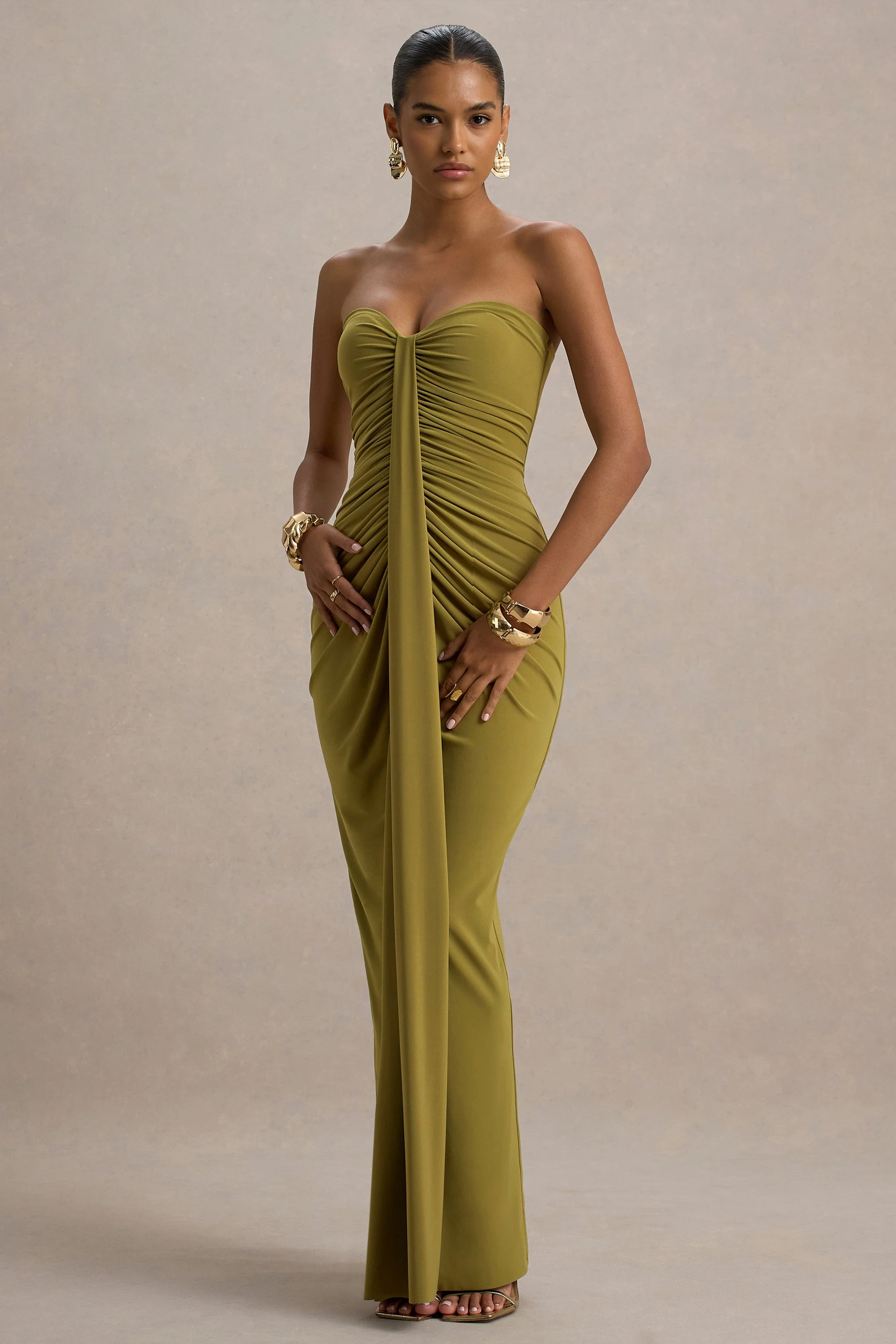 Ali | Olijfgroene Sweetheart Hals Gerimpeld Maxi Jurk Met Overslag - Image 4
