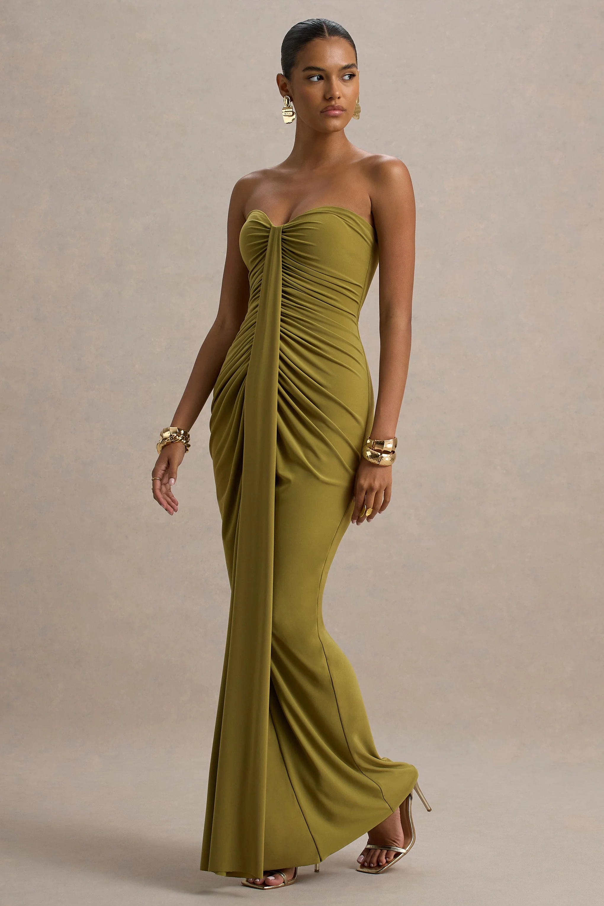 Ali | Olijfgroene Sweetheart Hals Gerimpeld Maxi Jurk Met Overslag - Image 5