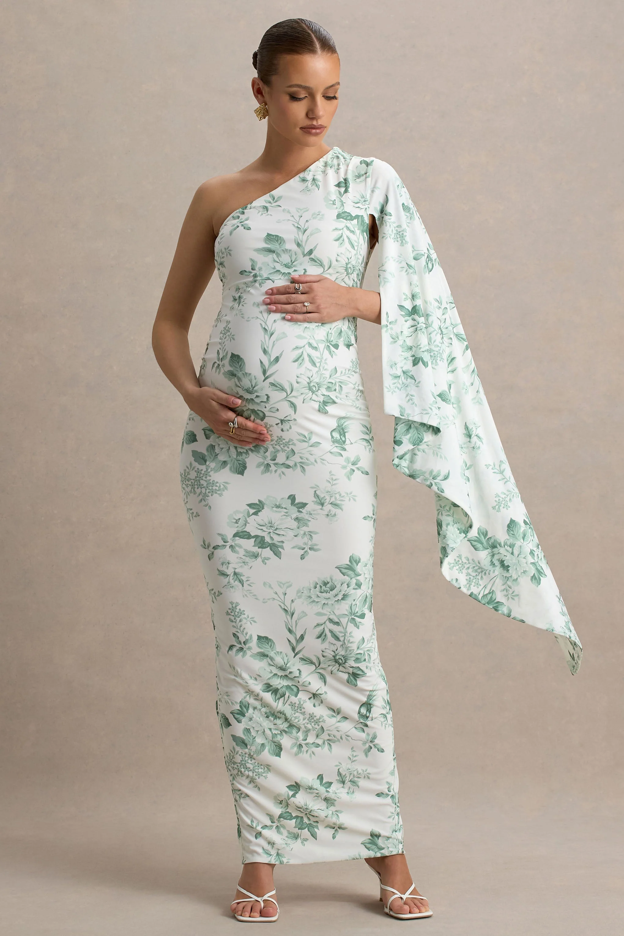 Aliana | Groene Porseleinen Print Asymmetrische Zwangerschaps Maxi jurk Met Gerimpeld Details - Image 4