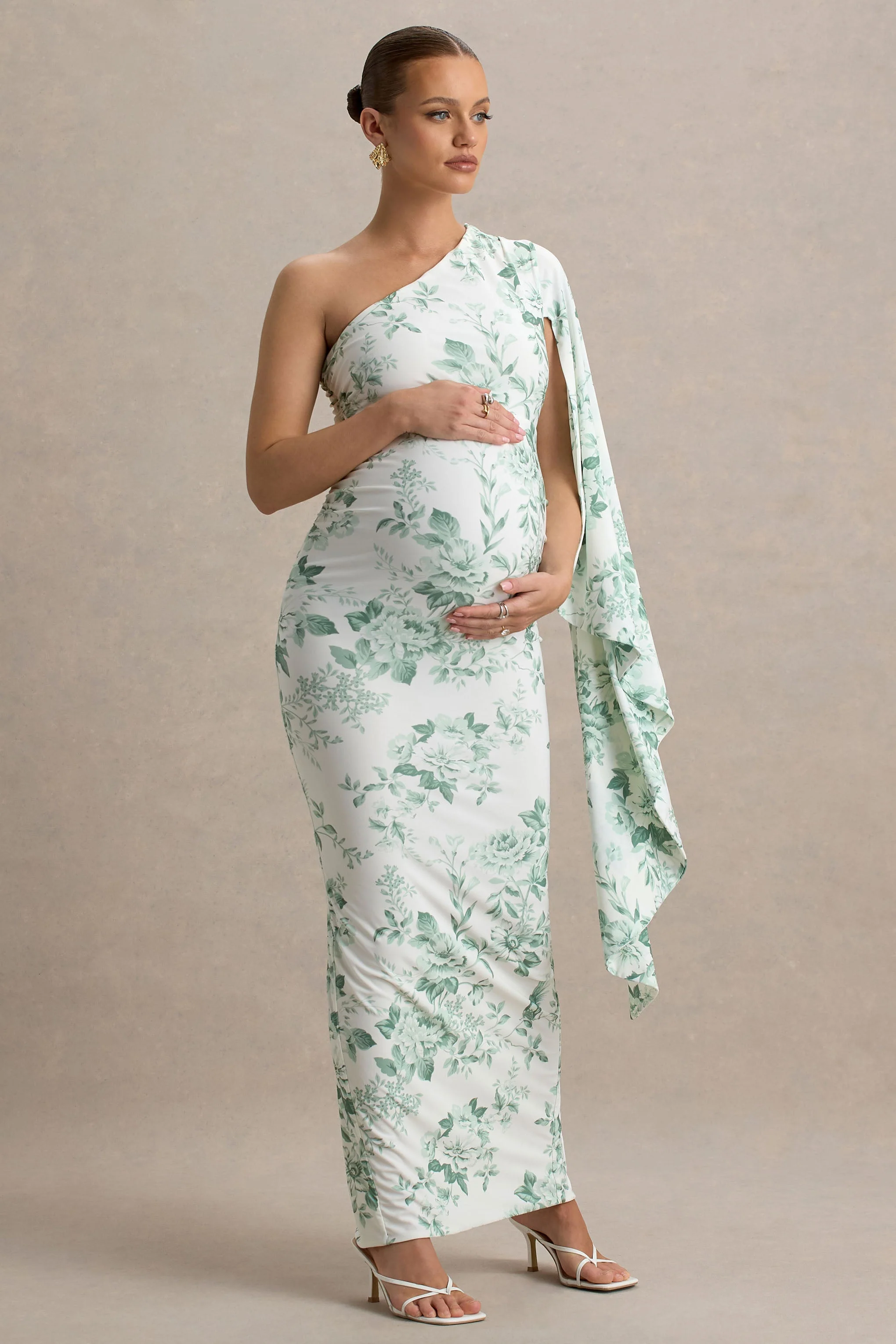 Aliana | Groene Porseleinen Print Asymmetrische Zwangerschaps Maxi jurk Met Gerimpeld Details - Image 5