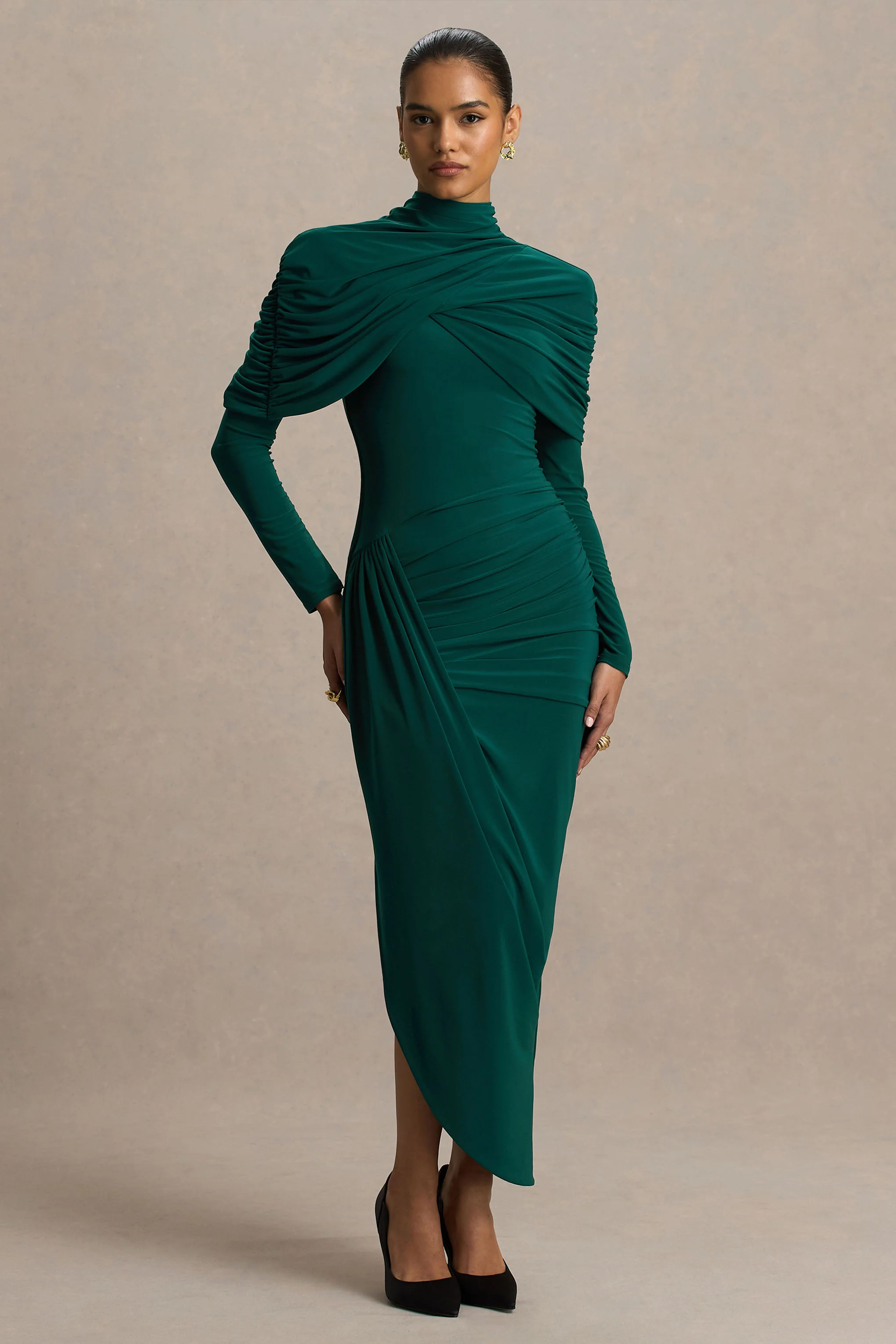 Aneira | Flessengroene Hoge Hals Maxi Jurk Met Cape Mouwen - Image 4