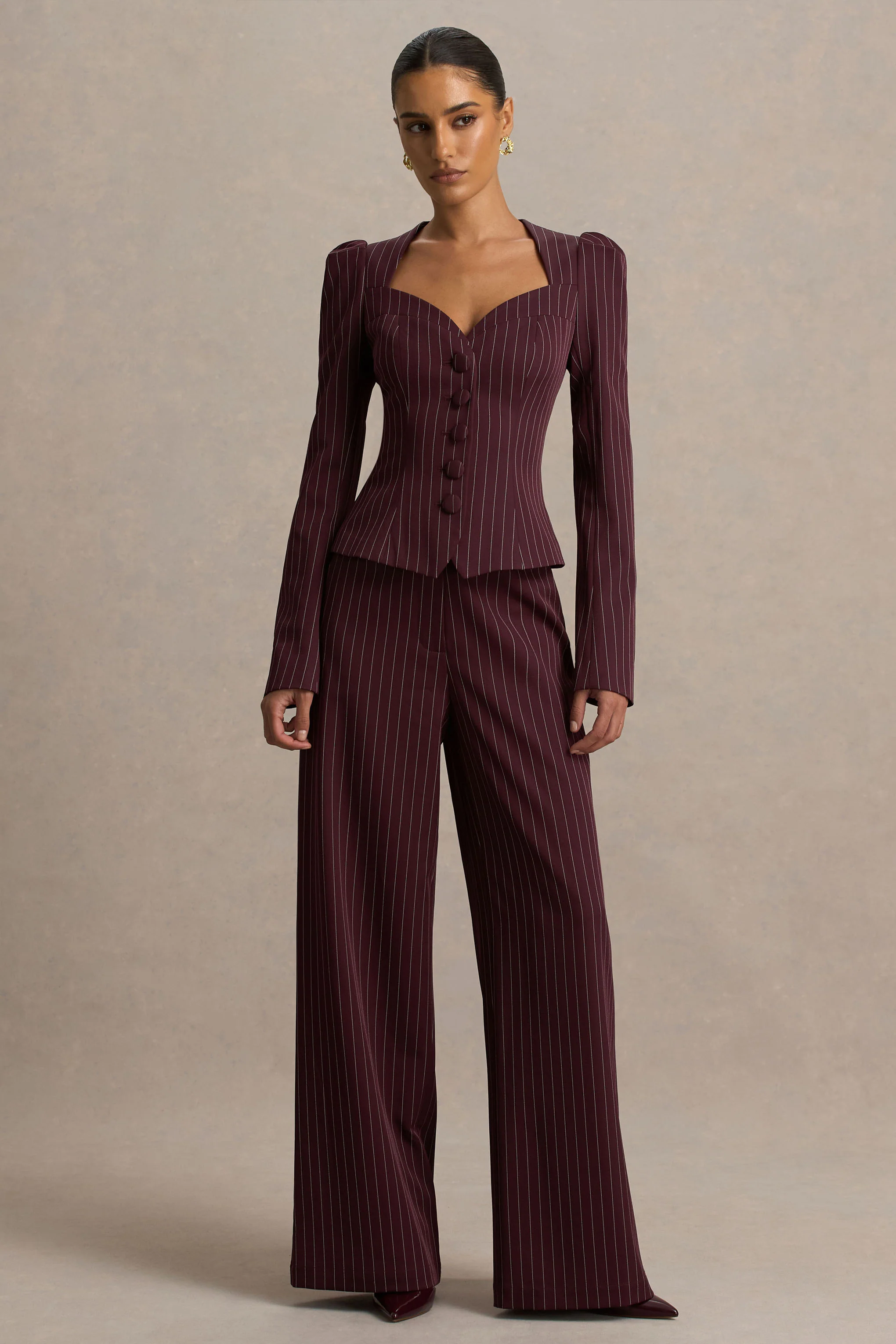 Asteria | Bordeaux Krijstreep Broek Met Wijde Pijp - Image 5