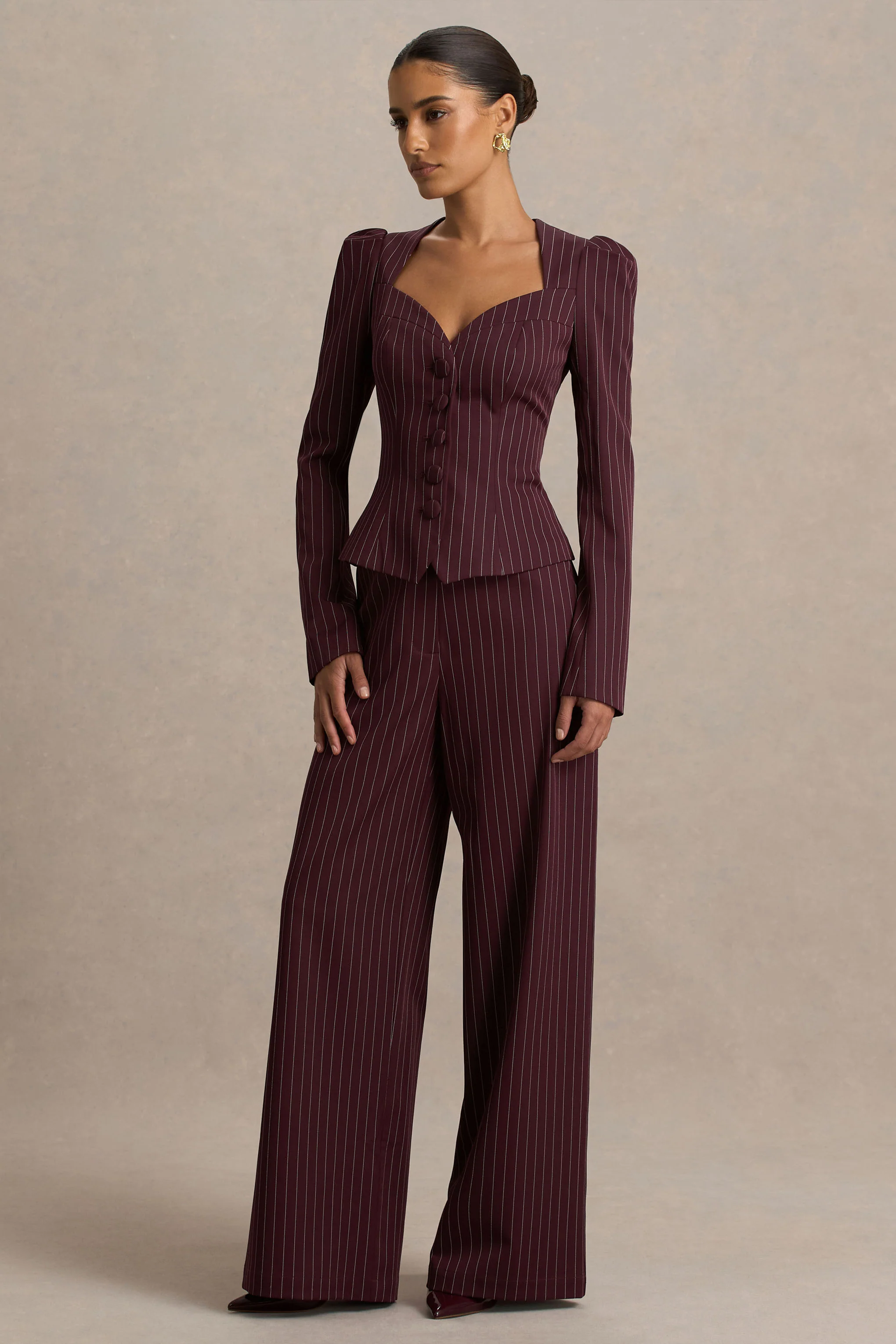 Asteria | Bordeaux Krijstreep Broek Met Wijde Pijp - Image 6