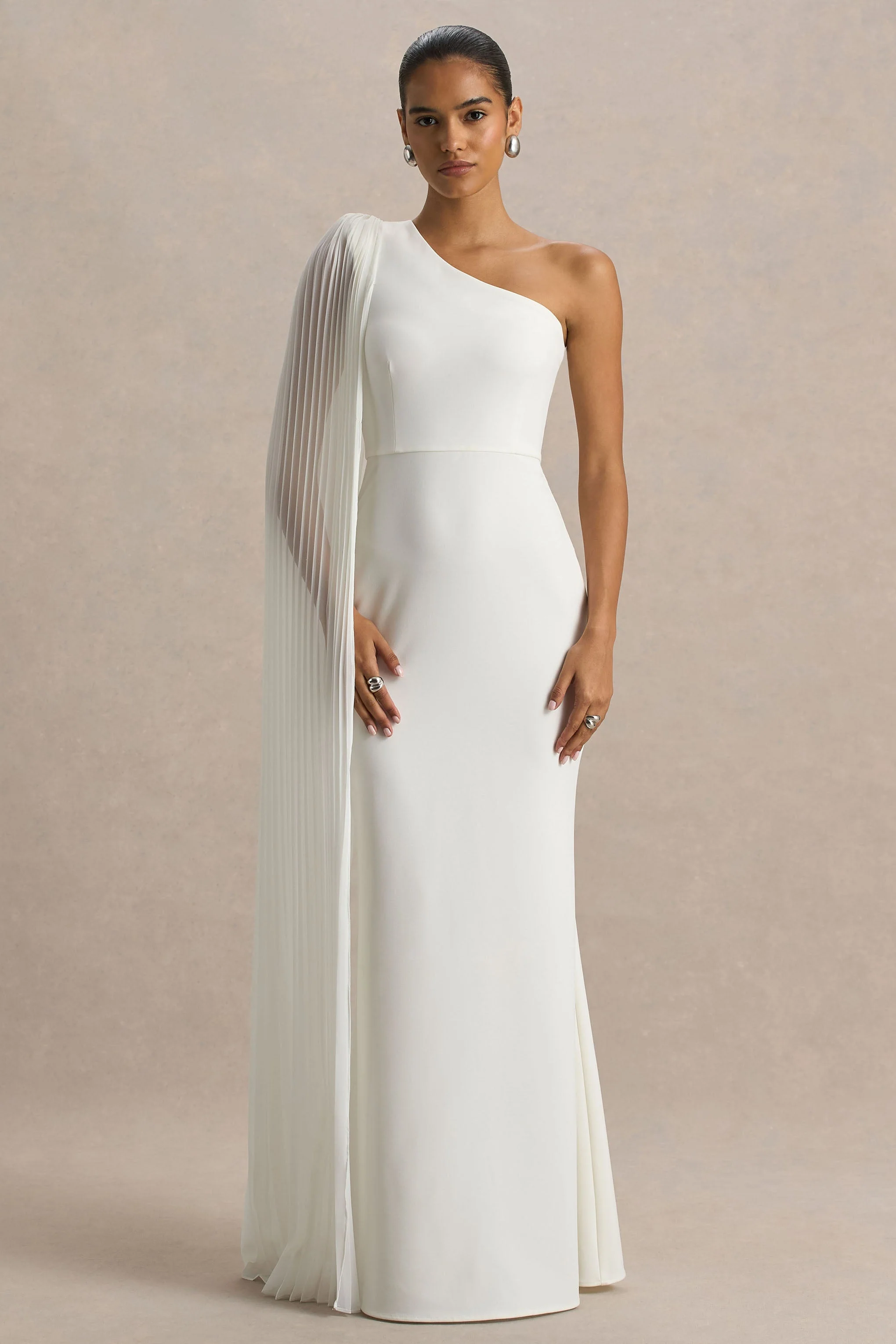 Athens | Wit Asymmetrische Halslijn Maxi Jurk Met Cape Mouw Detail - Image 4