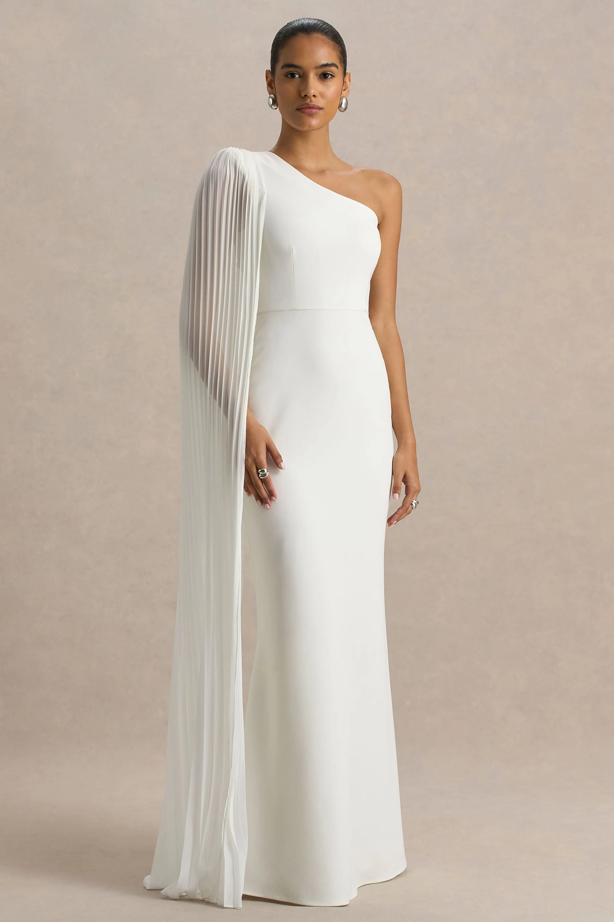 Athens | Wit Asymmetrische Halslijn Maxi Jurk Met Cape Mouw Detail - Image 5