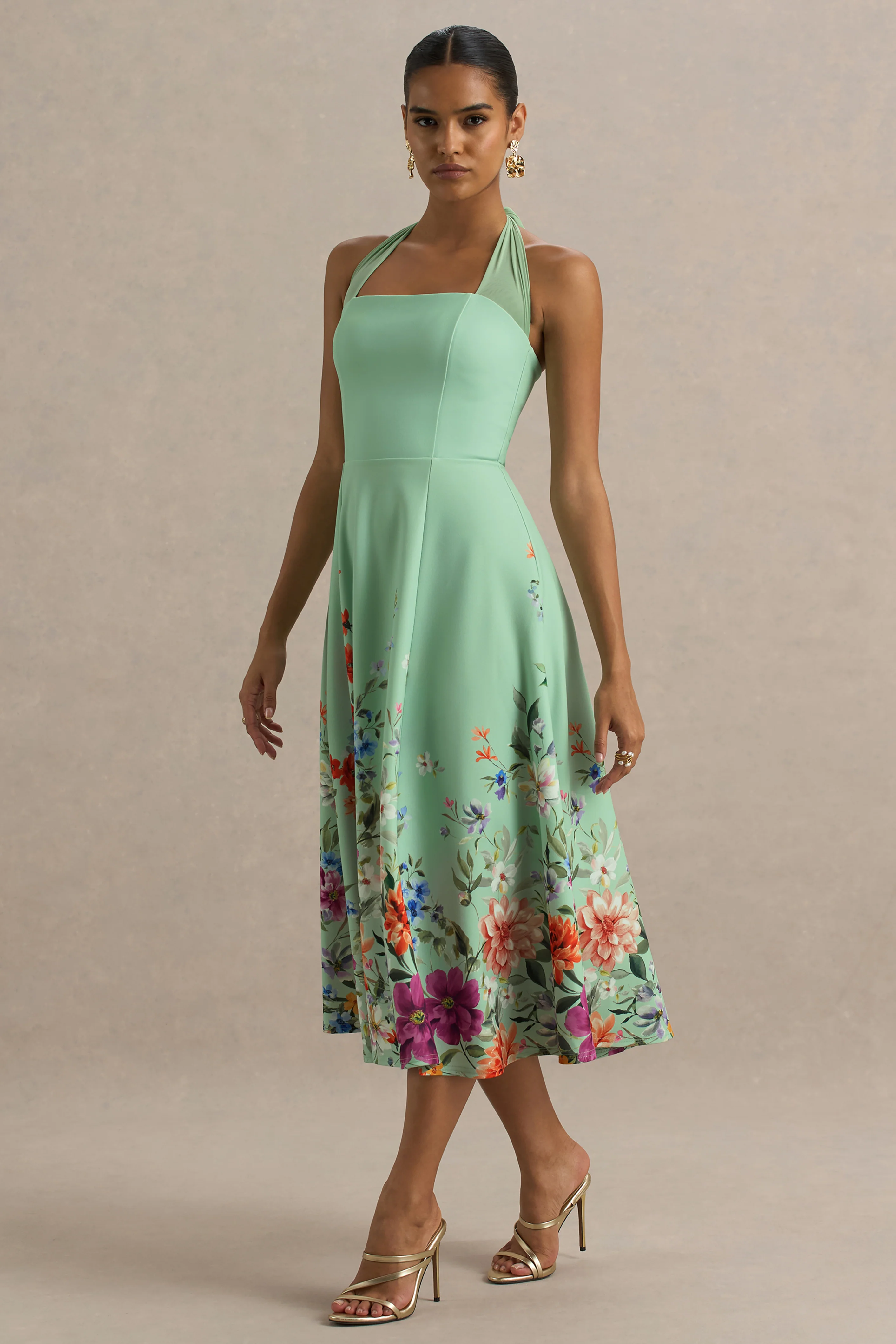 Auburn | Mintgroene Midi Jurk Met Halternek En Bloemenprint Aan Rand - Image 4