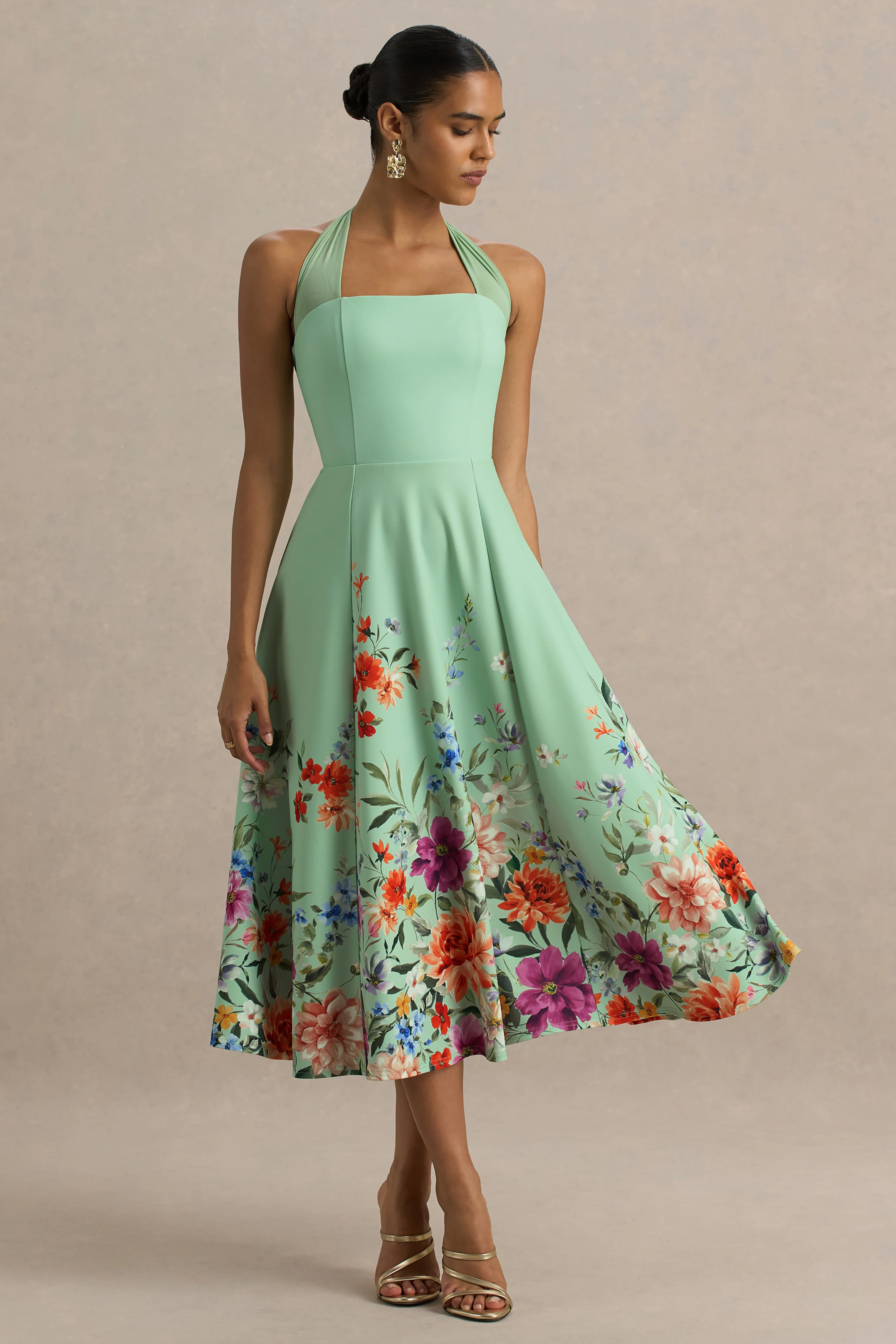 Auburn | Mintgroene Midi Jurk Met Halternek En Bloemenprint Aan Rand - Image 5