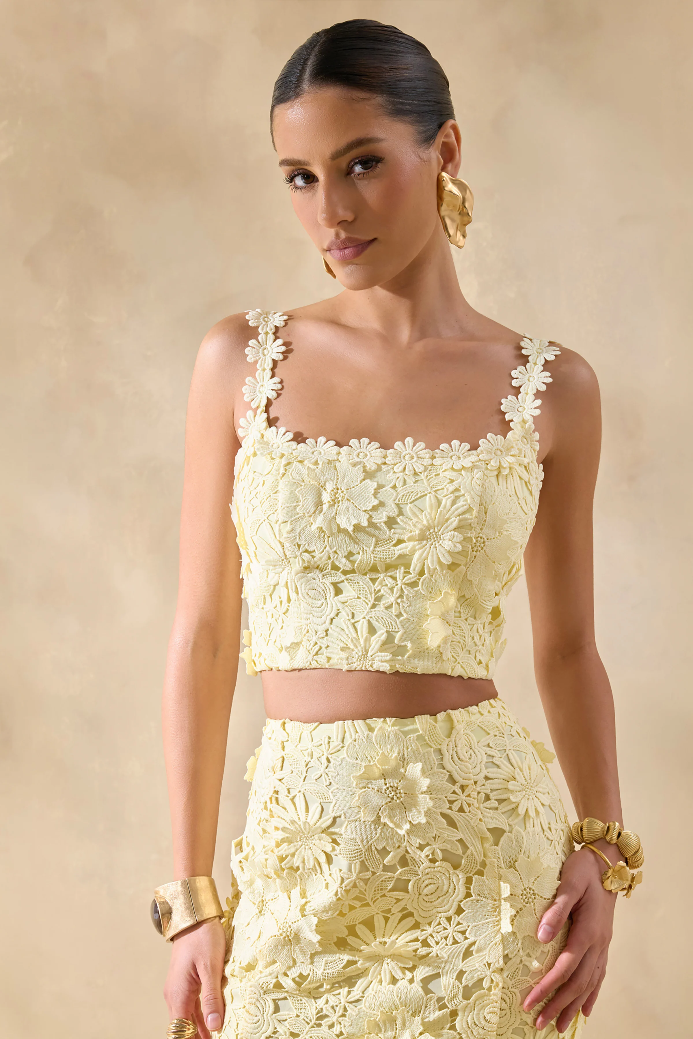 Blythe | Citroengele Kanten Crop Top Met Vierkante Hals - Image 5