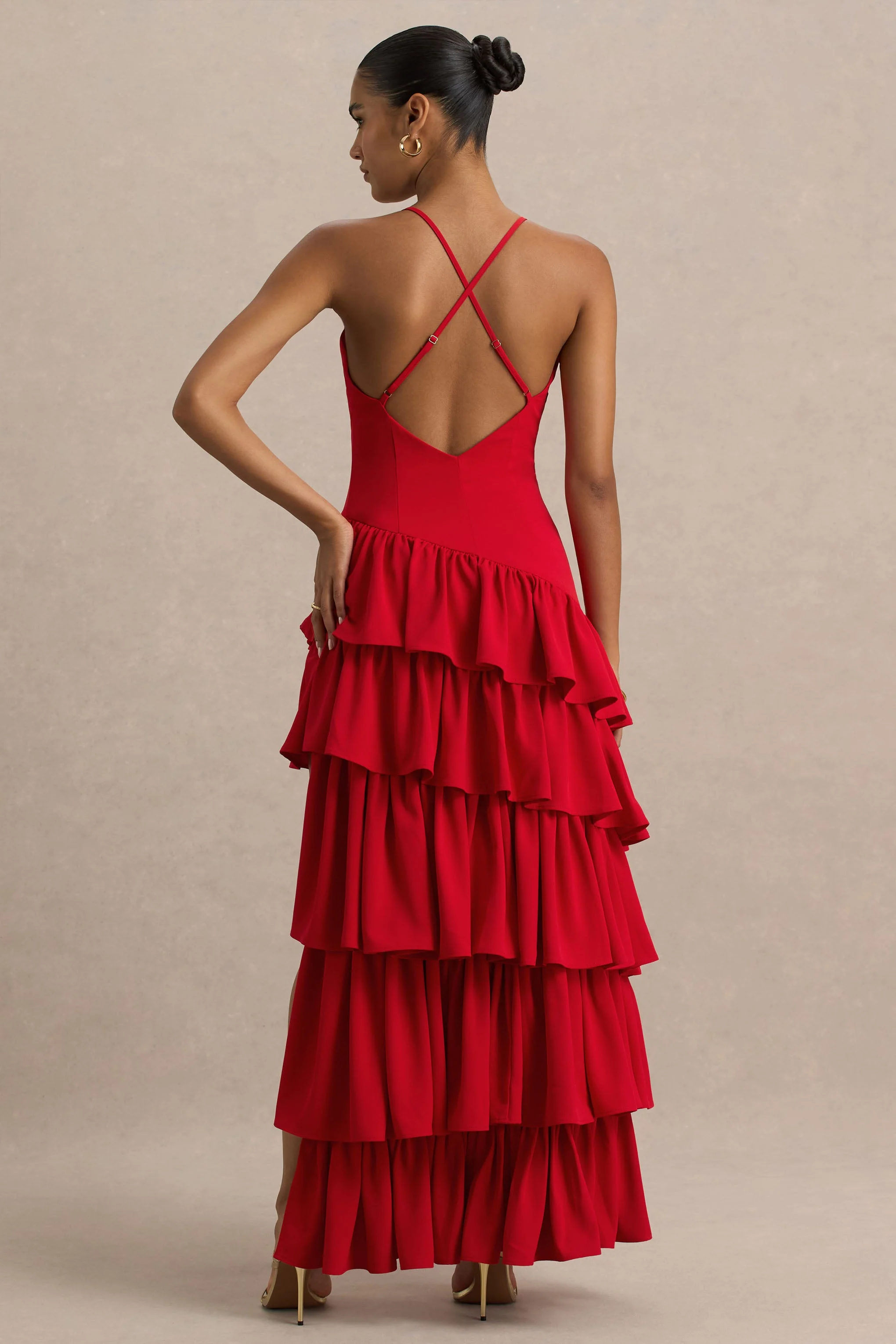Bogota | Rode Diepe V-Hals Maxi Jurk Met gerimpeld Details En Hoge Voorsplit - Image 3