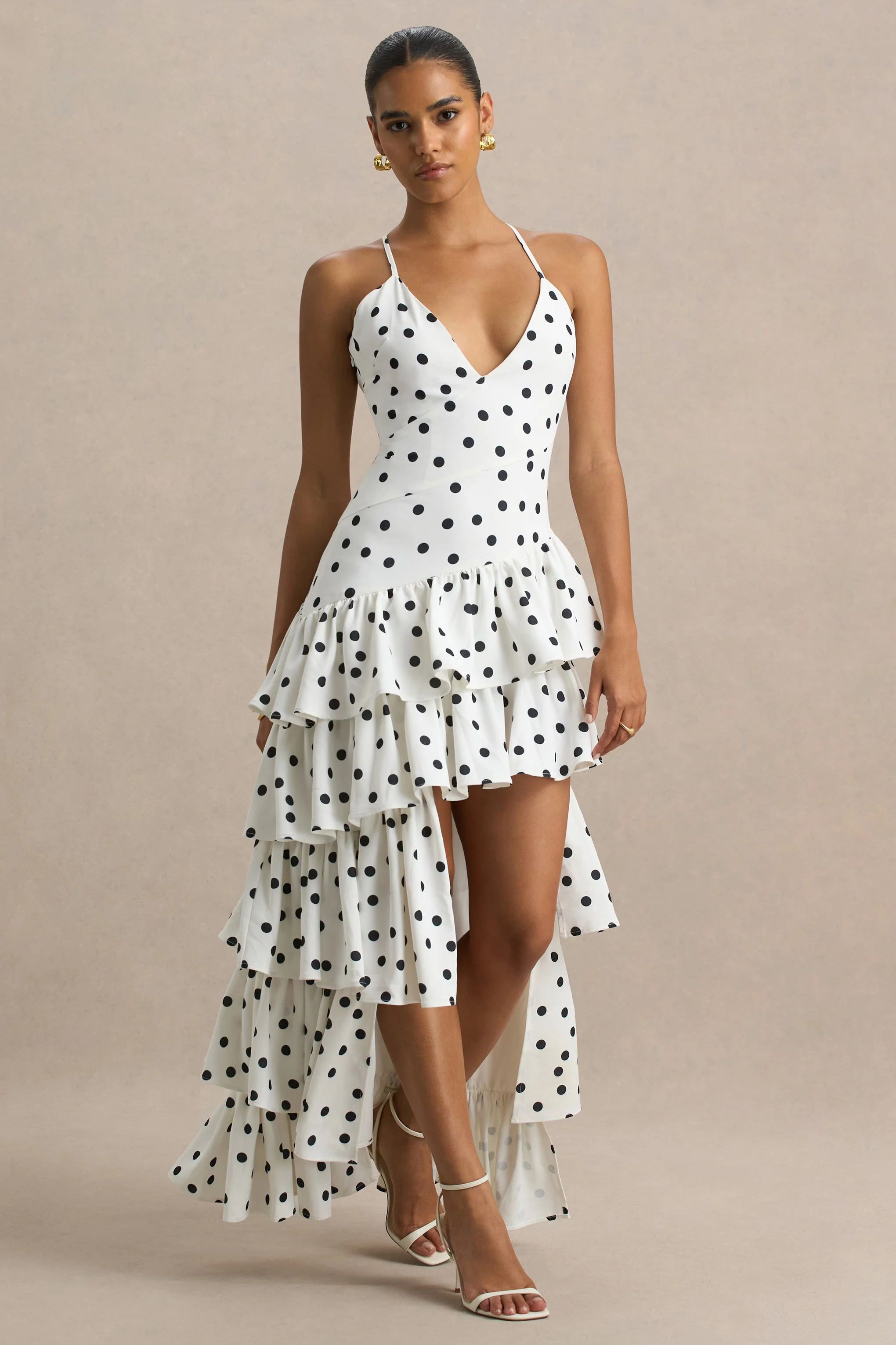 Bogota |Stippen Print Diepe V-Hals Maxi Jurk Met Ruches Detail En Hoge Voorsplit - Image 5
