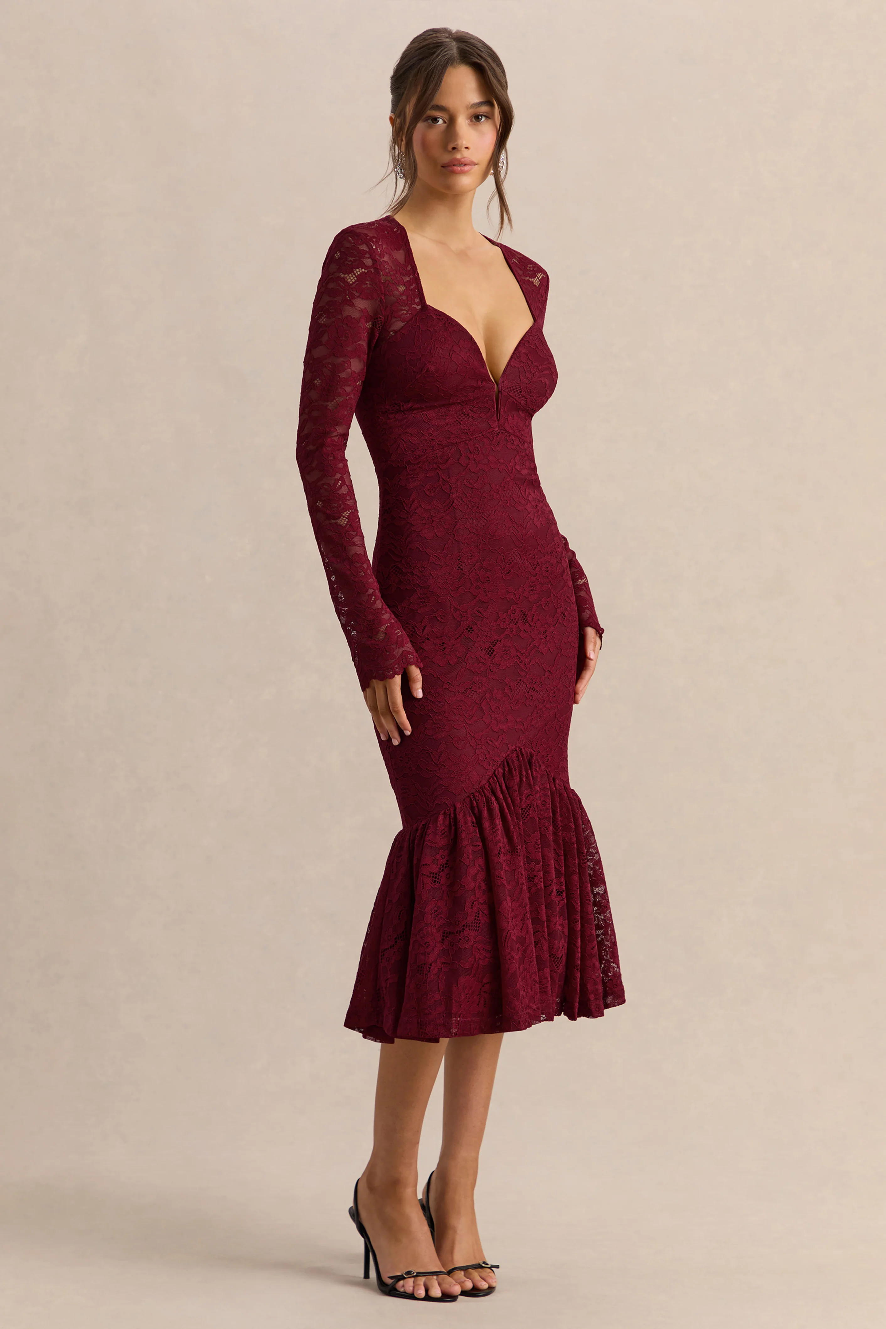Camilly | Bordeaux Kant Diepe V-Hals Mermaid Midi Jurk - Image 4
