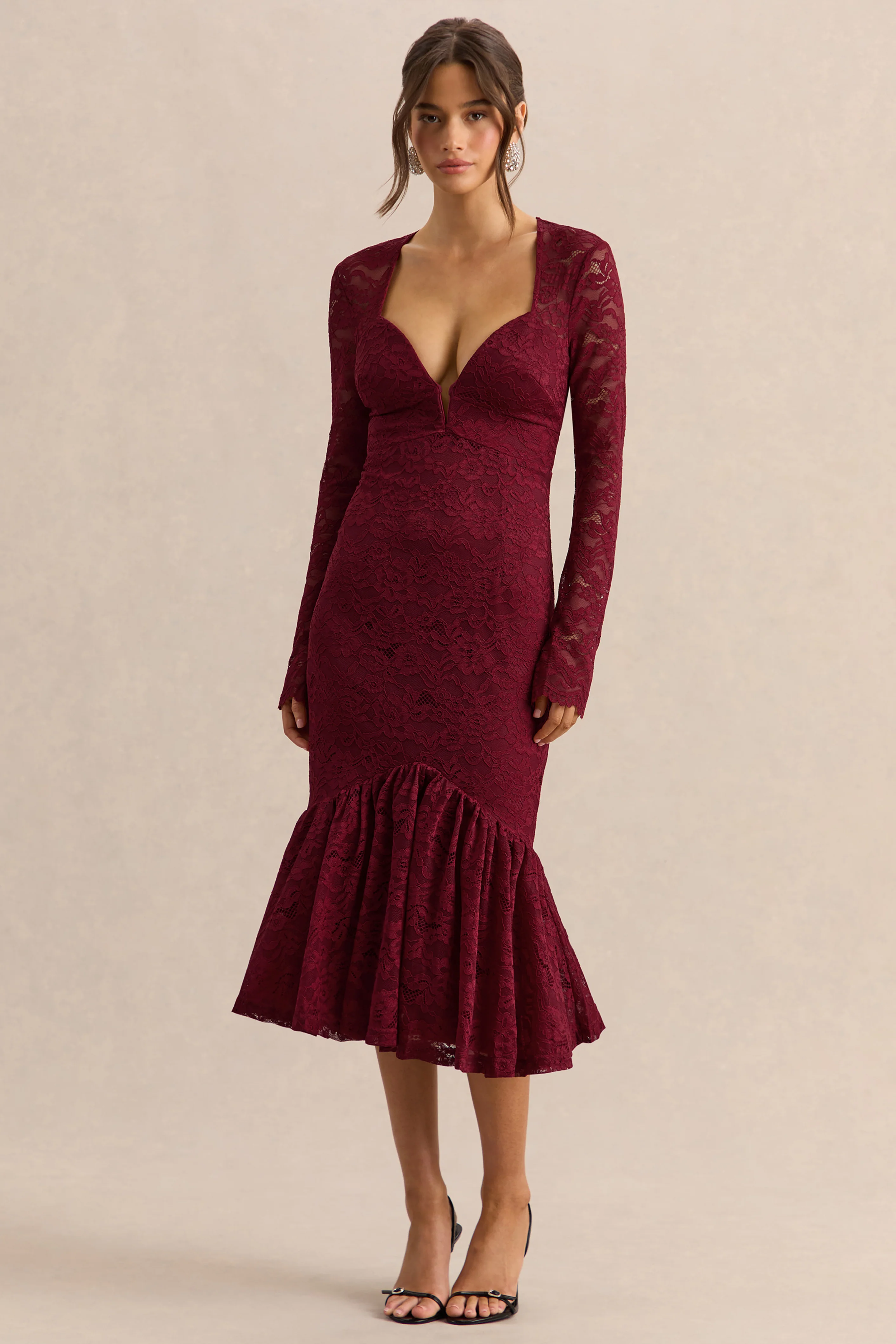 Camilly | Bordeaux Kant Diepe V-Hals Mermaid Midi Jurk - Image 5