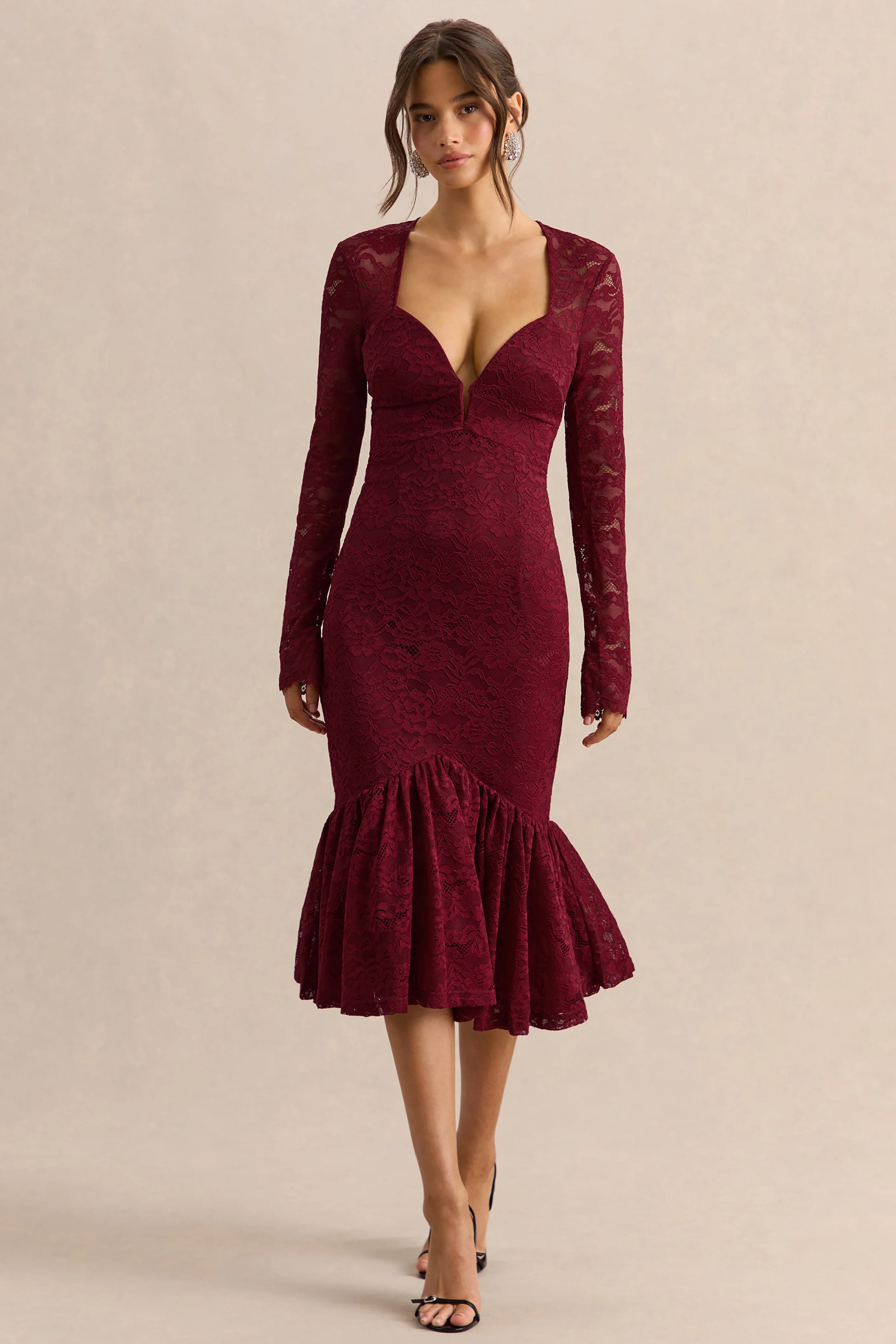 Camilly | Bordeaux Kant Diepe V-Hals Mermaid Midi Jurk - Image 6