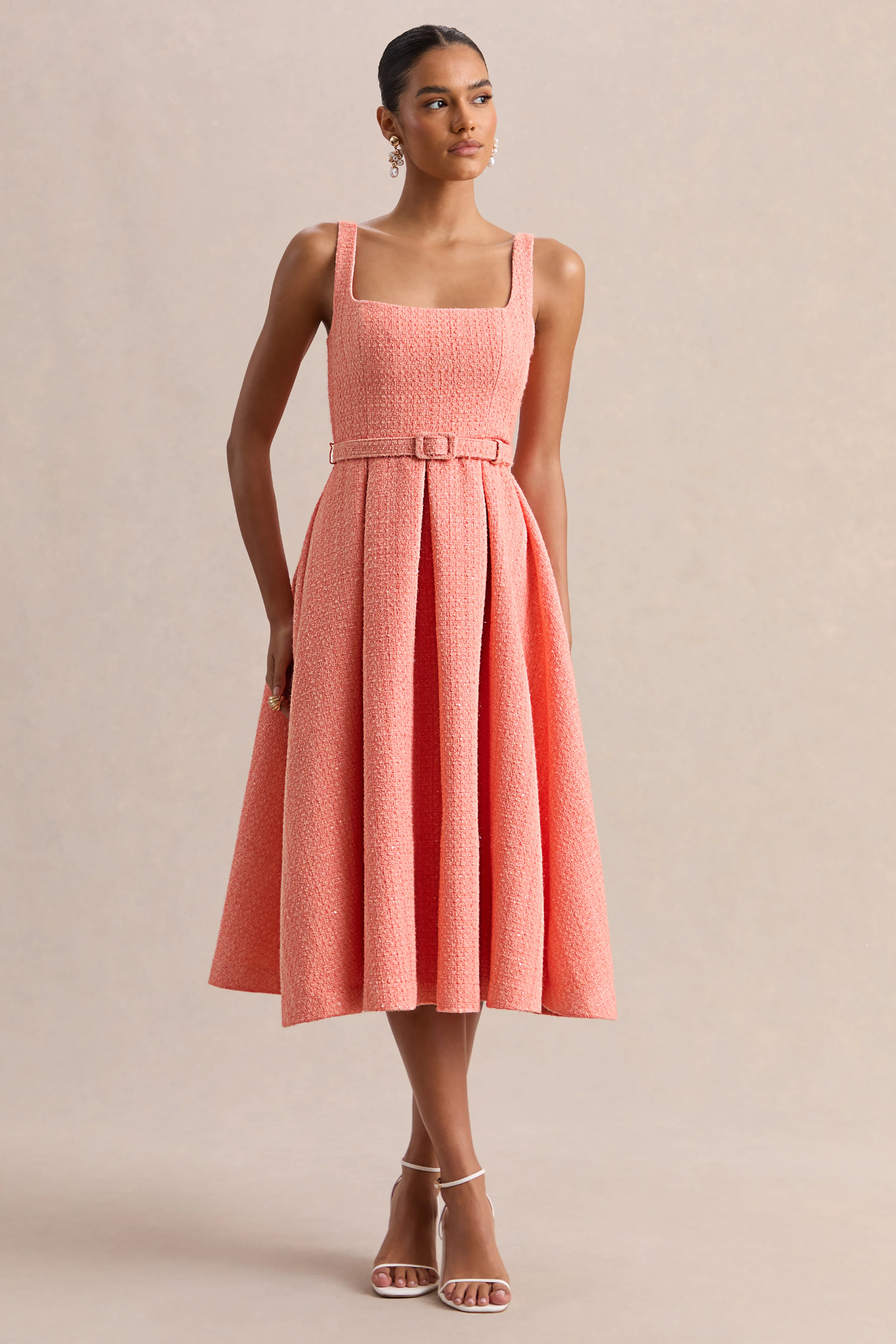 Camoria | Koraal Bouclé Midi Jurk Met Vierkante Hals - Image 4