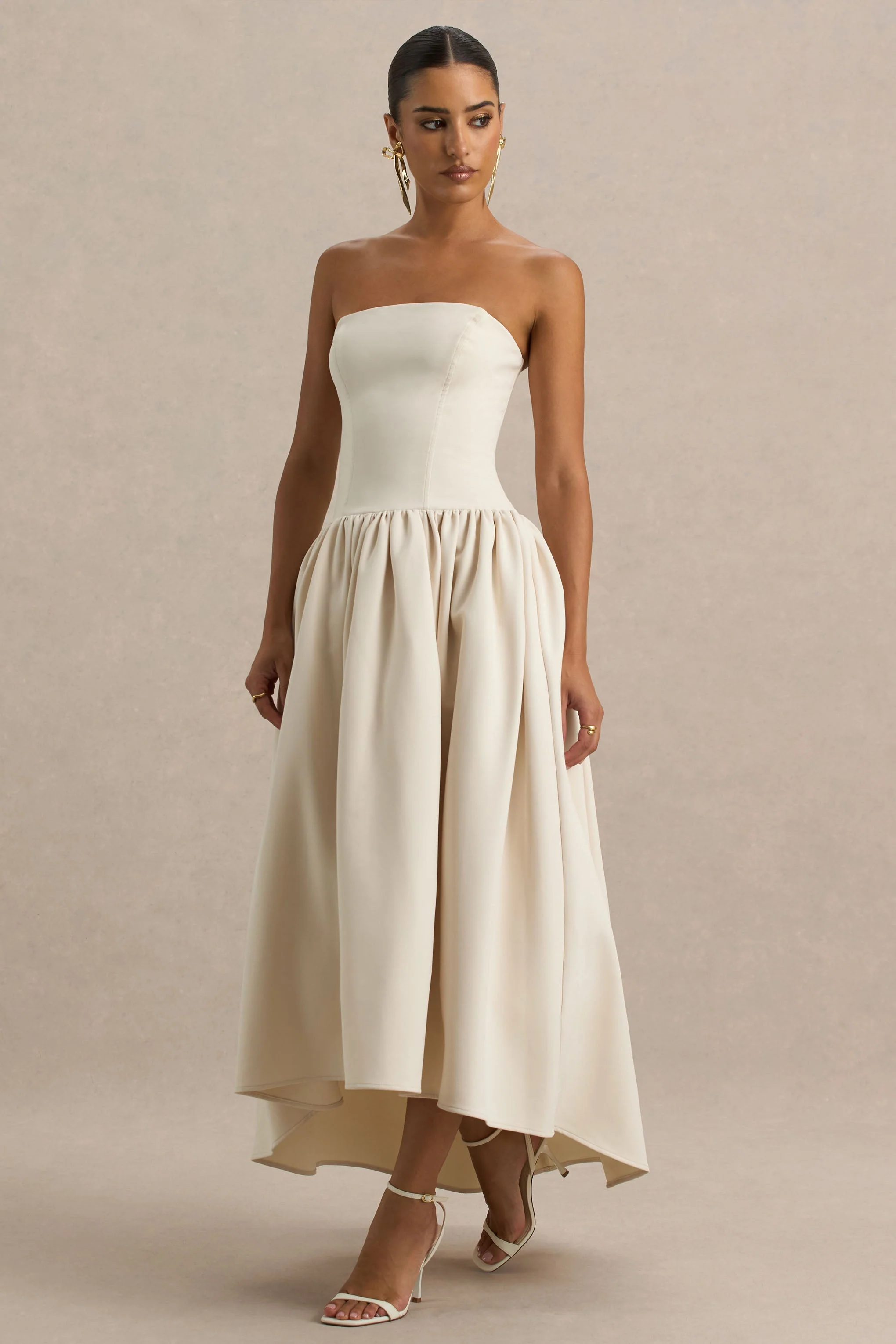 Candice | Crème Bandeau Volumineuze Midi Jurk Met Strik Detail Op Rug - Image 10
