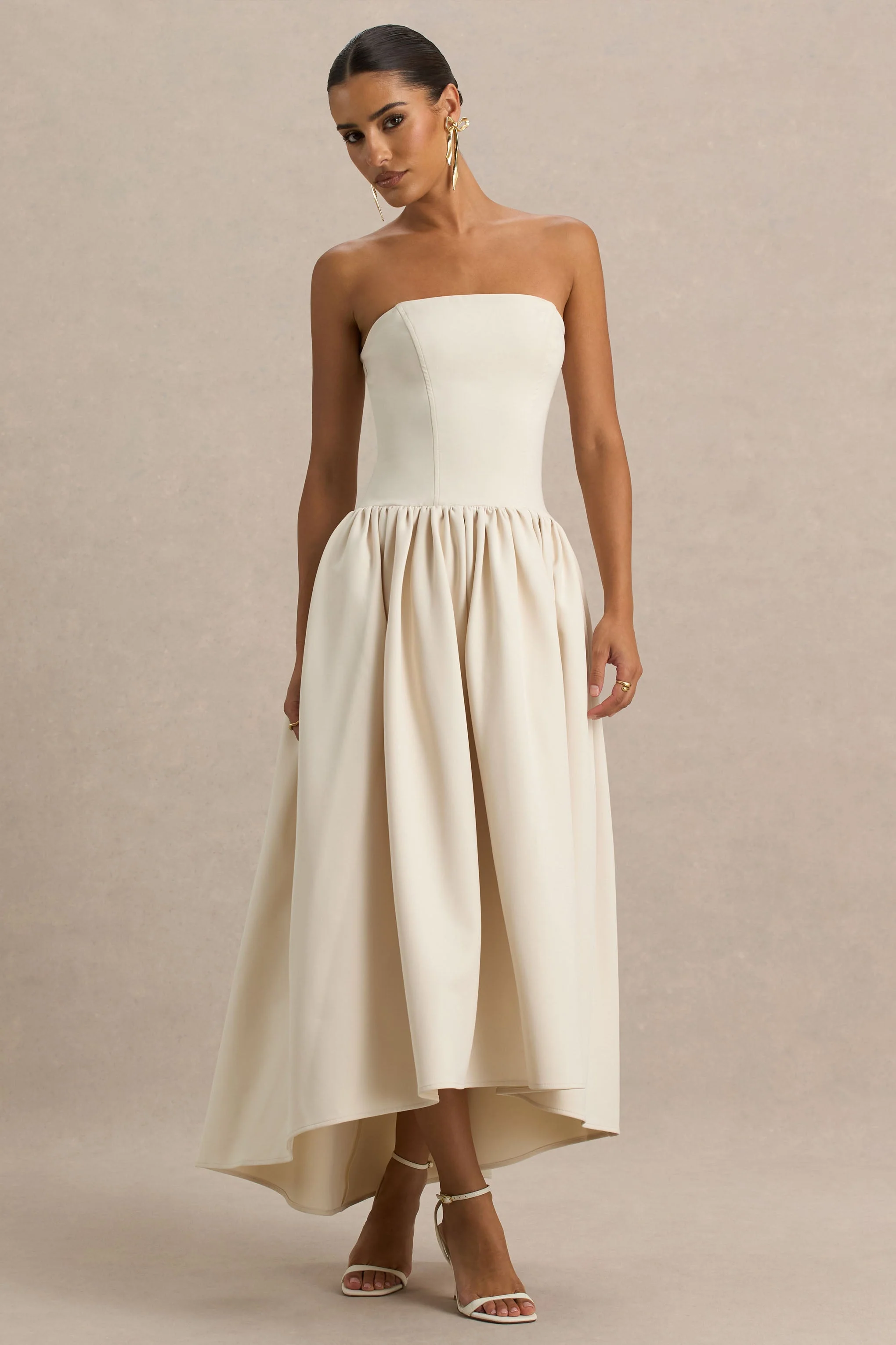 Candice | Crème Bandeau Volumineuze Midi Jurk Met Strik Detail Op Rug - Image 9