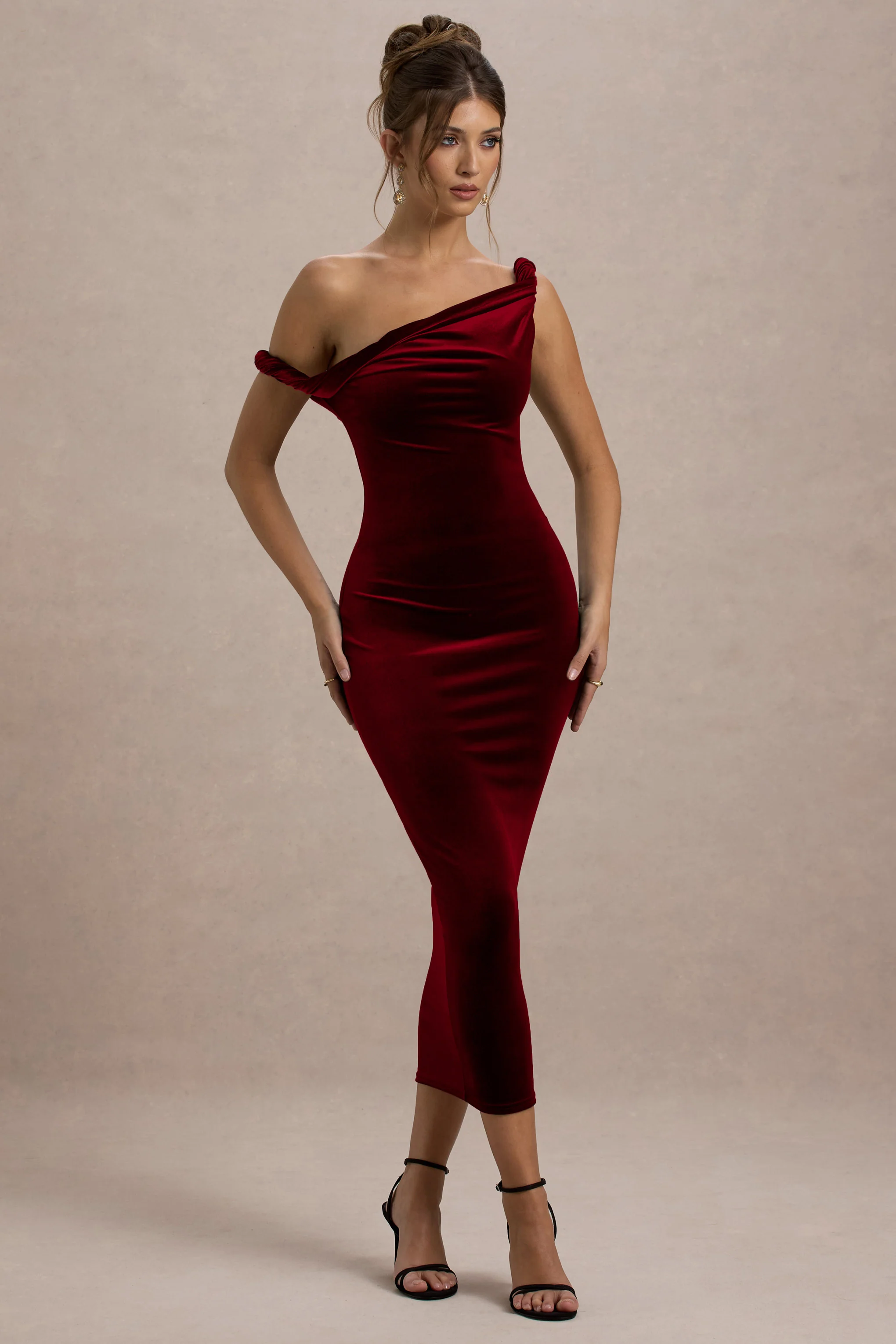 Carella | Bessenrode Fluwelen Gedraaide Asymmetrische Midi Jurk - Image 4