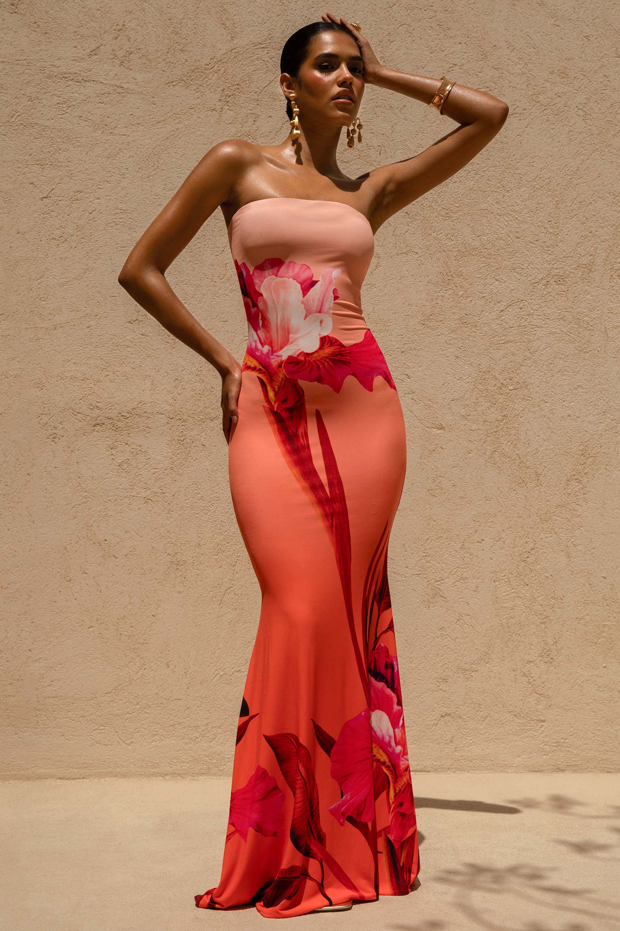 Ceremony | Roze Ombre Bloemenprint Bandeau Fishtail Maxi Jurk - Image 4