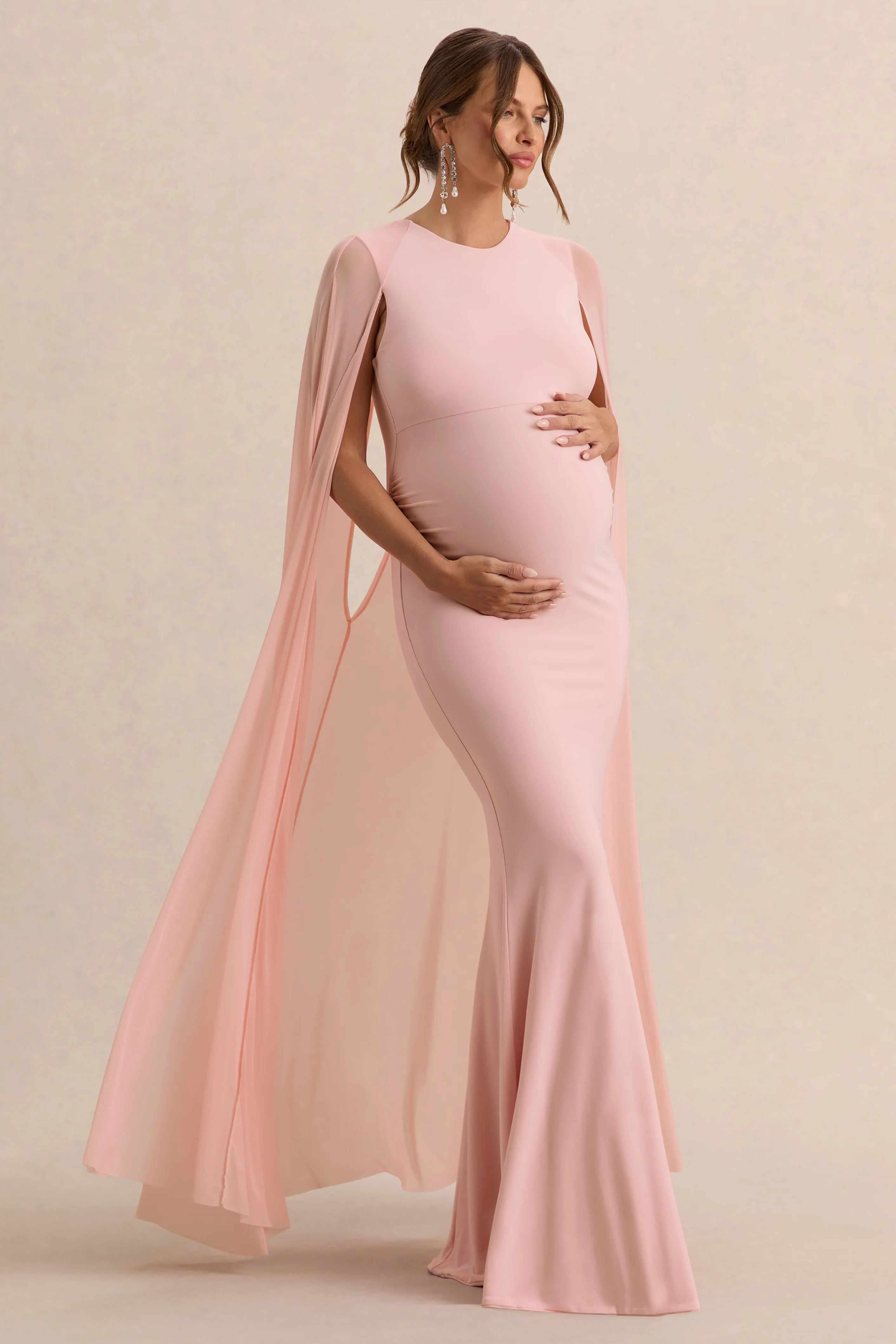 Currant | Roze Hoge Ronde Hals Zwangerschaps Maxi Jurk Met Cape - Image 5