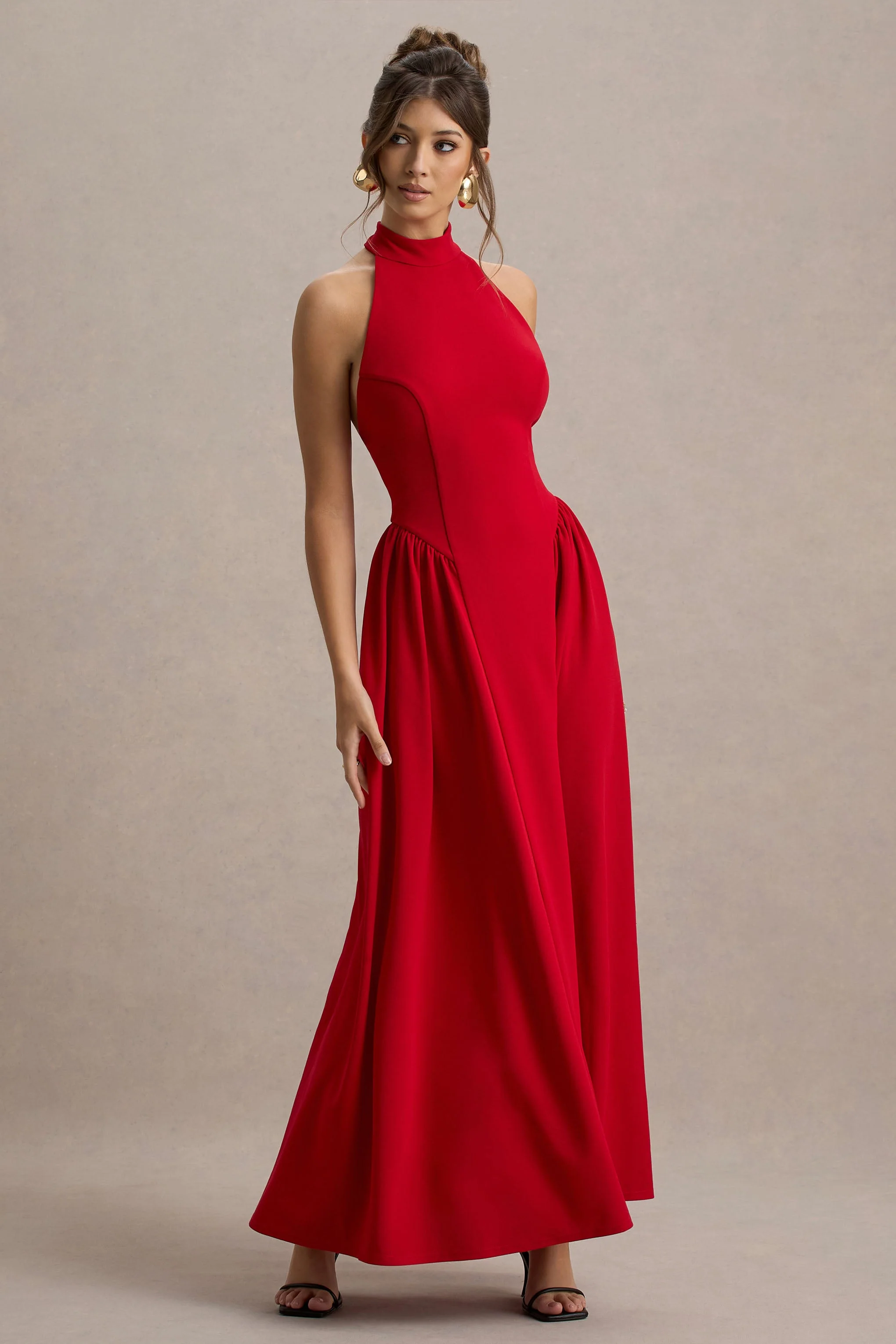 Cynthia | Rode Hoge Hals Maxi Jurk Met Volumineuze Rok - Image 5