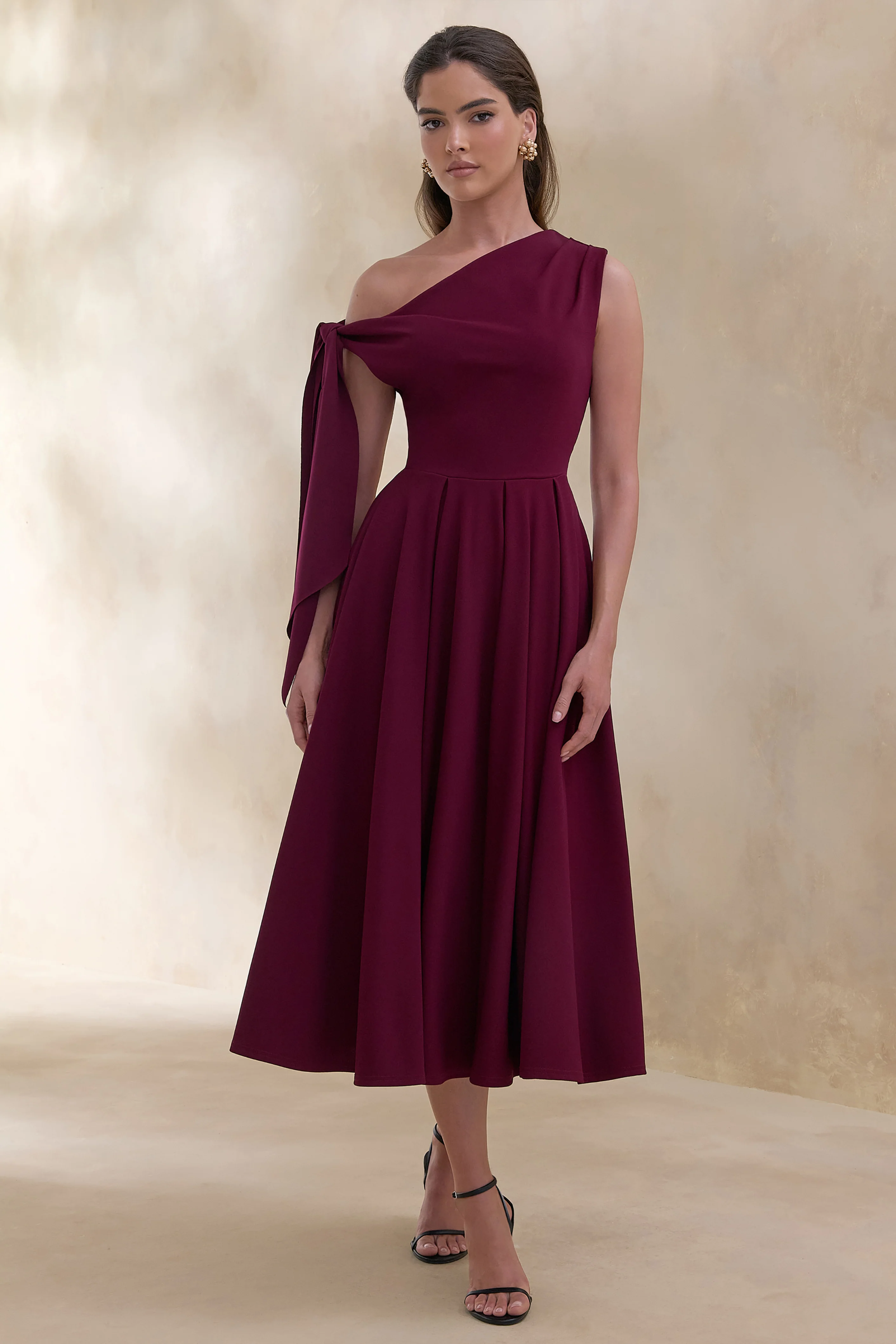 Daring | Bessenrode Asymmetrische Hals Midi Jurk met Knoopdetail - Image 4