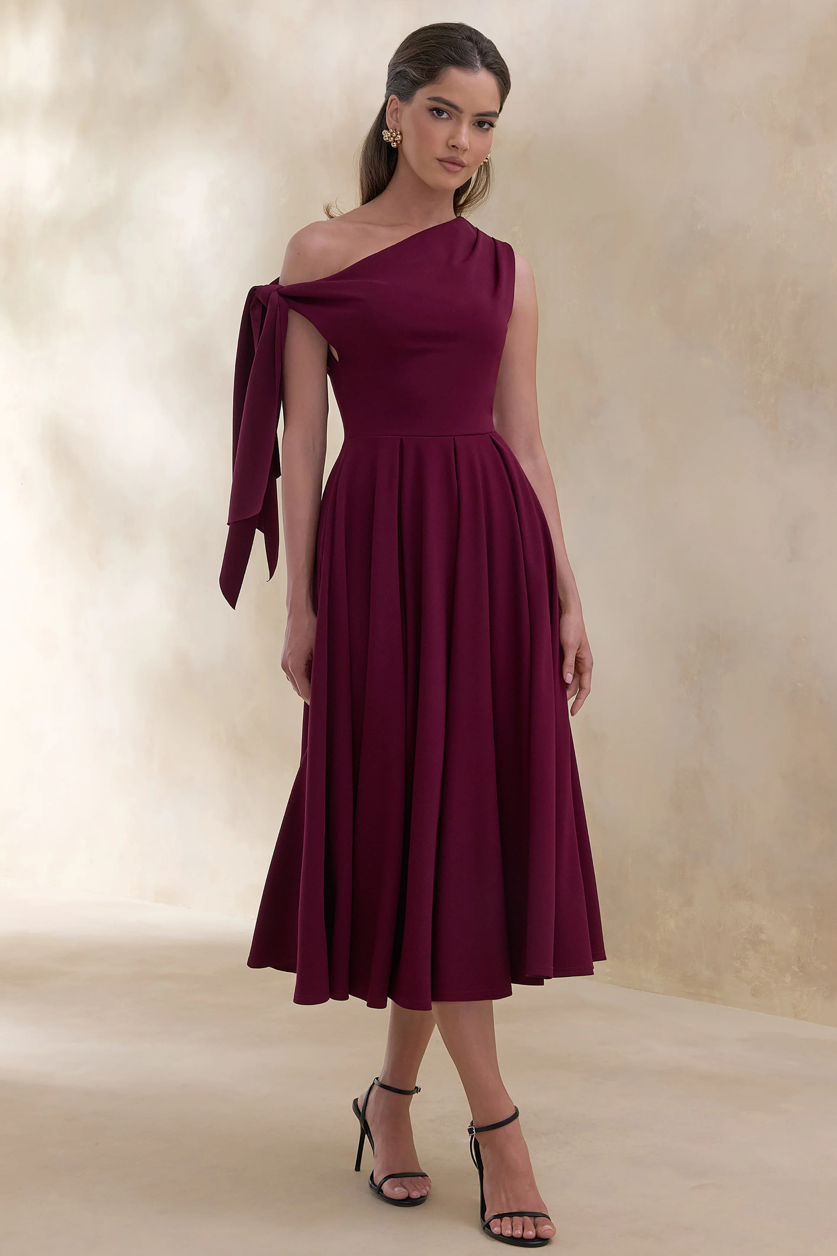 Daring | Bessenrode Asymmetrische Hals Midi Jurk met Knoopdetail - Image 5