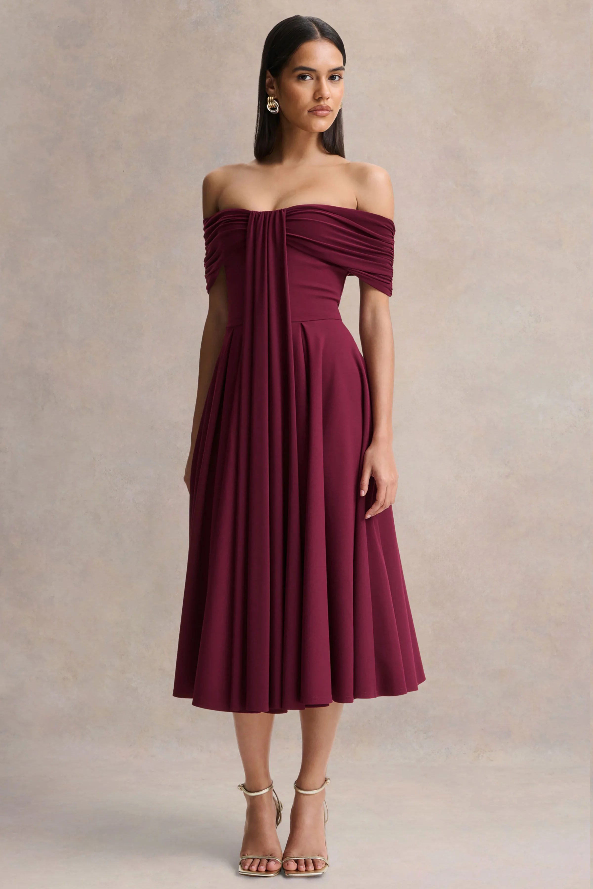 Dearest | Bordeaux Bardot Hals Midi Jurk - Image 5