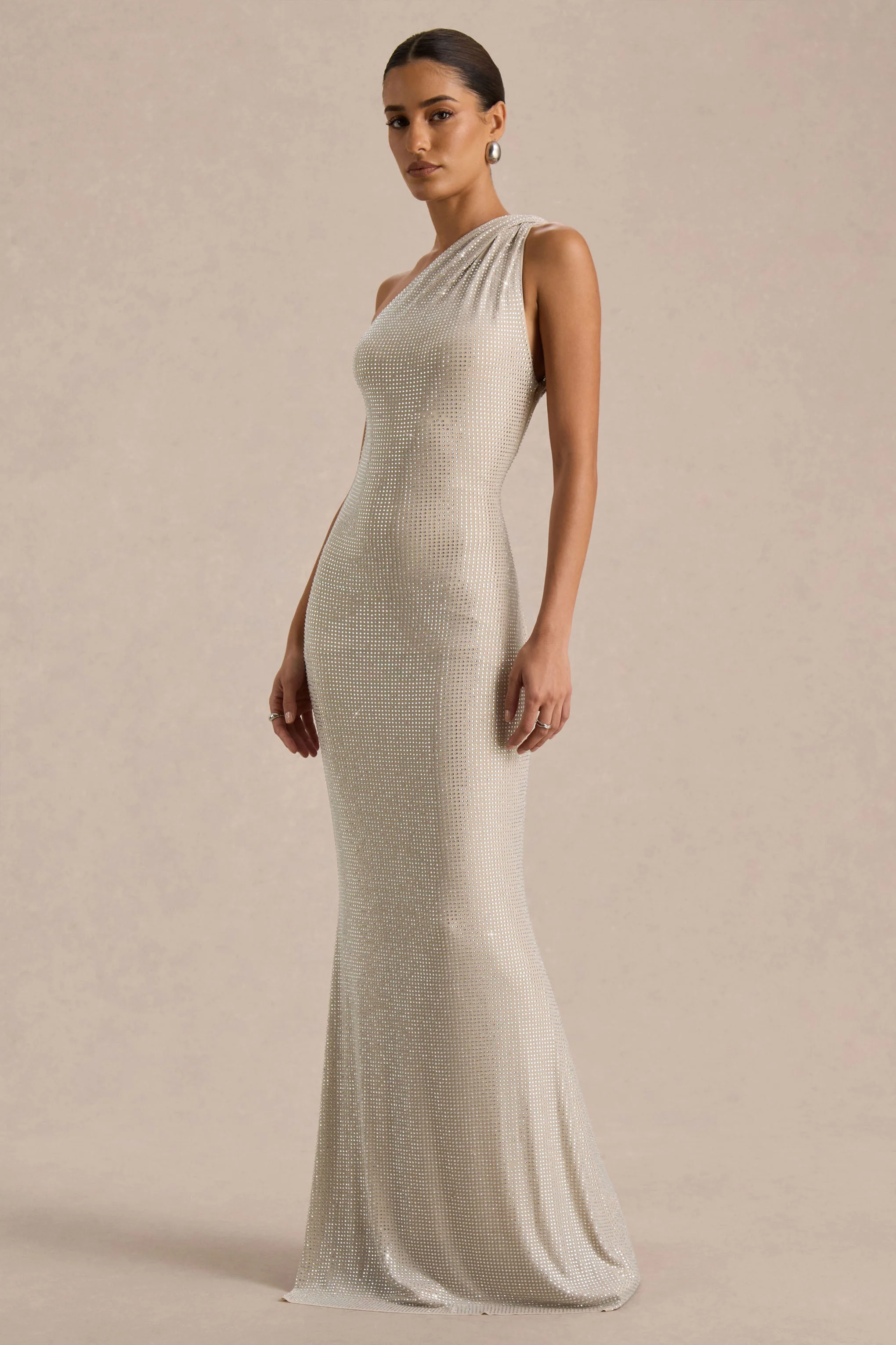 Deity | Zilveren Versierde Asymmetrische Maxi Jurk Met Open Rug - Image 5