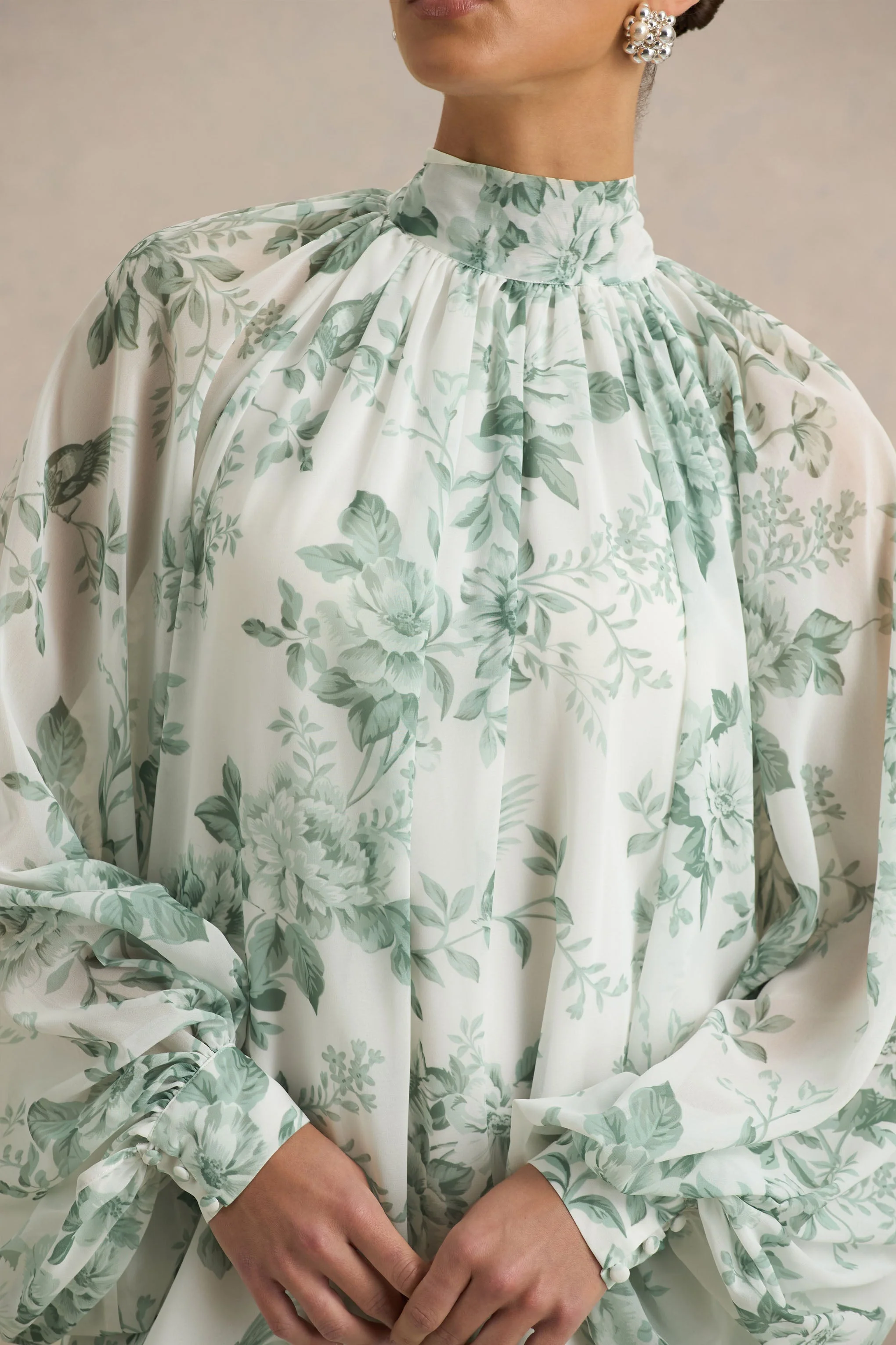 Delphia | Groene Bloemenprint Maxi Jurk Met Hoge Hals - Image 6