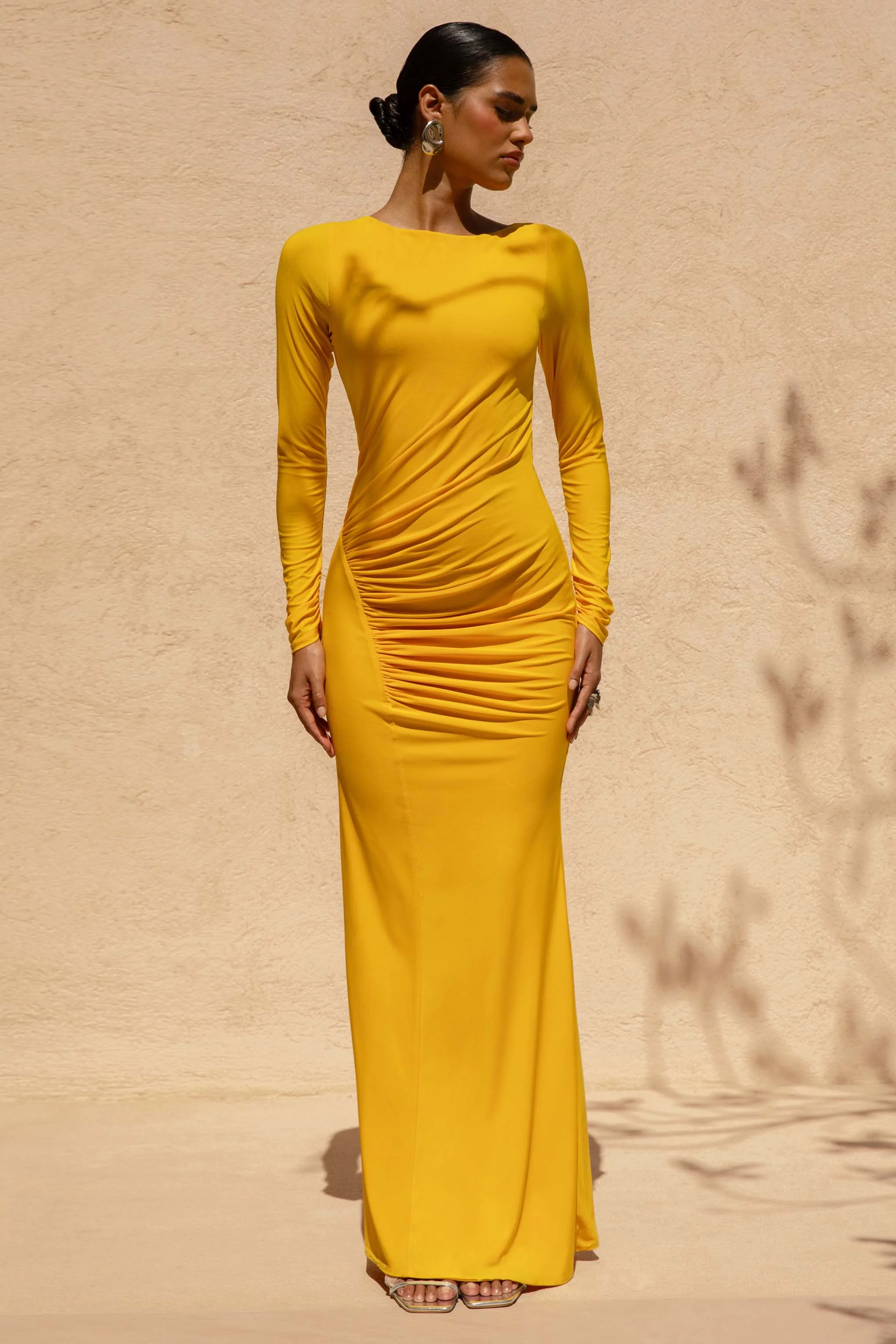 Diva | Oranje Slash Hals Maxi Jurk Met Gerimpeld Details - Image 5