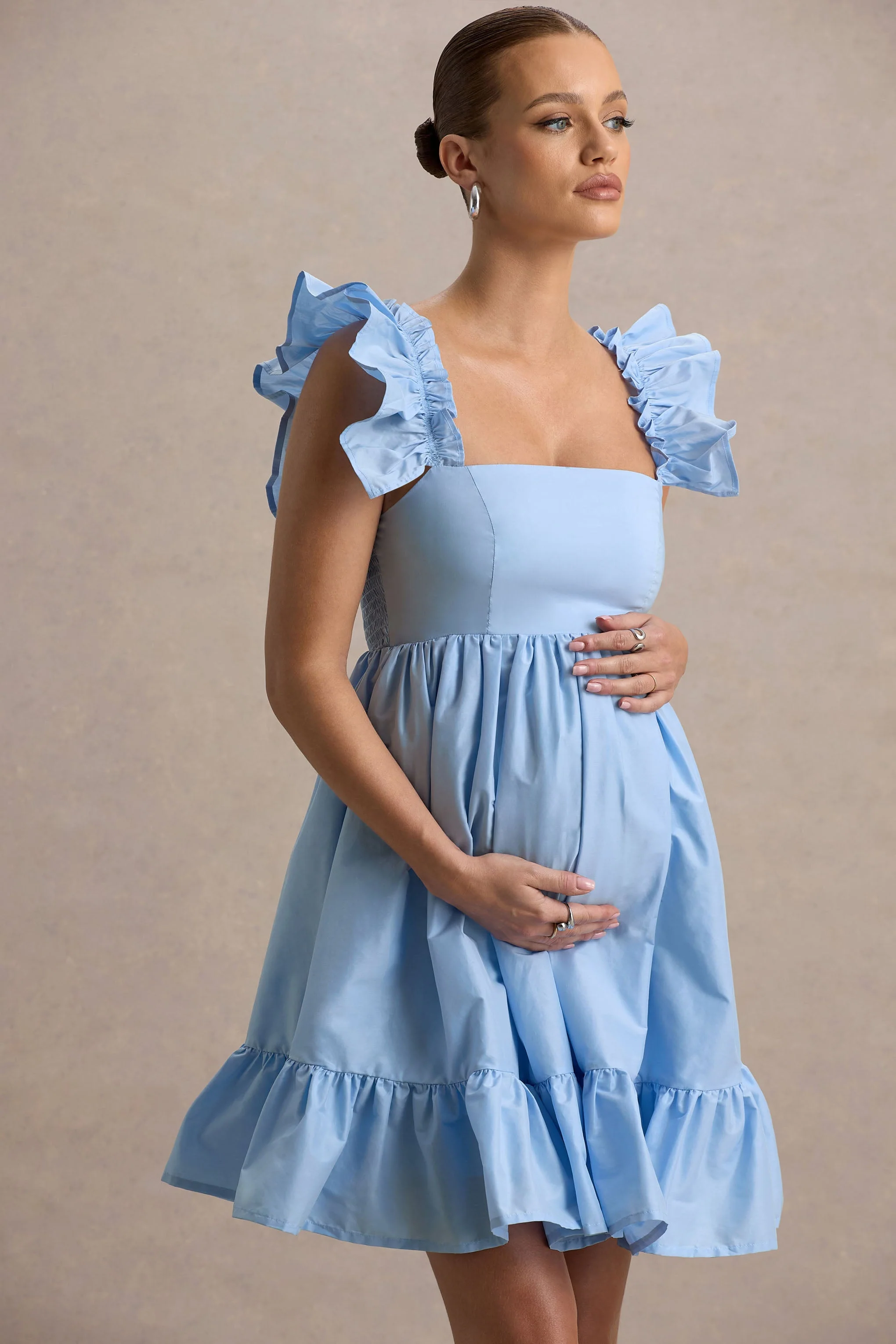 Dolly Daze | Poederblauwe Babydoll Zwangerschaps Mini Jurk Met Ruches Mouwen - Image 3