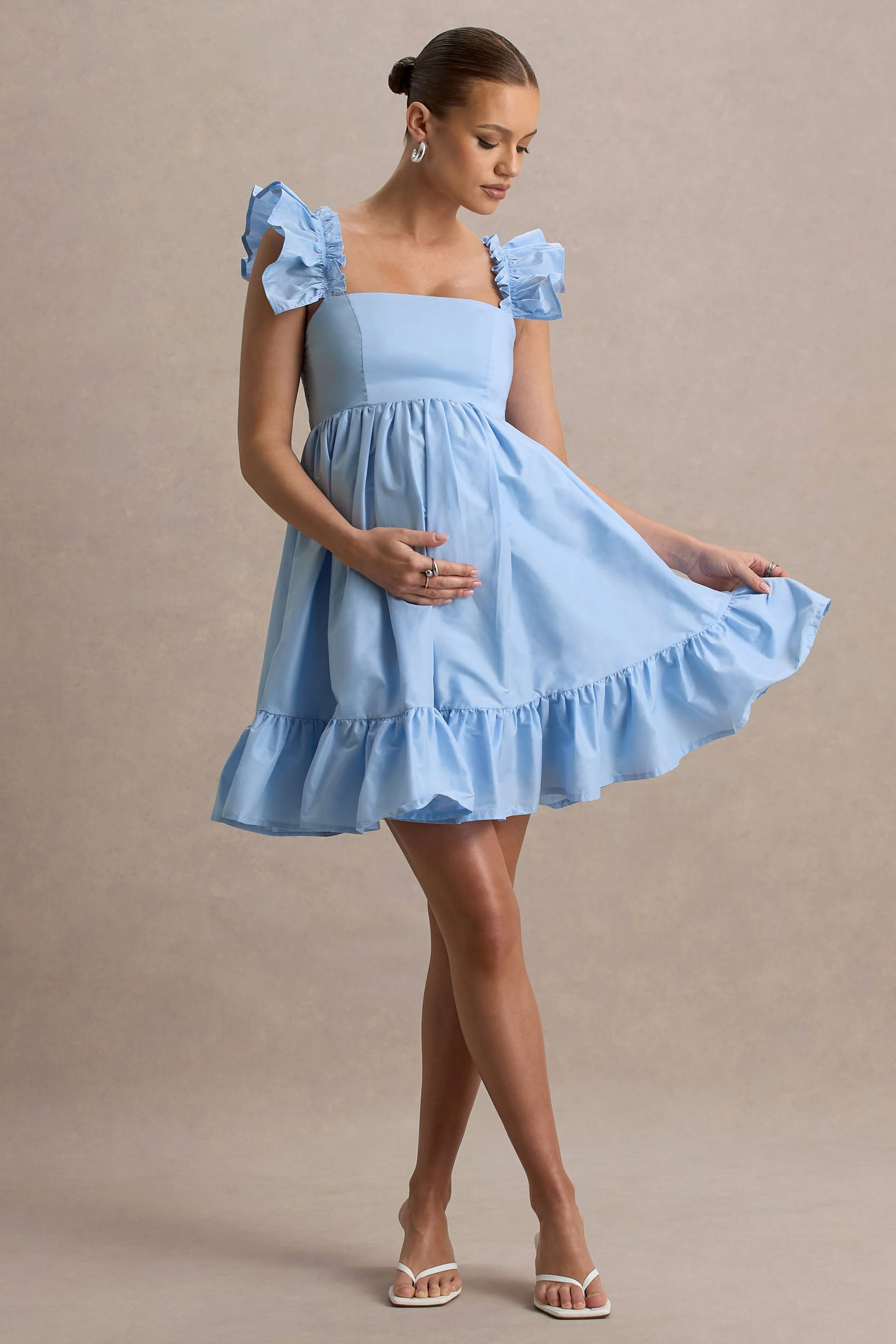 Dolly Daze | Poederblauwe Babydoll Zwangerschaps Mini Jurk Met Ruches Mouwen - Image 4