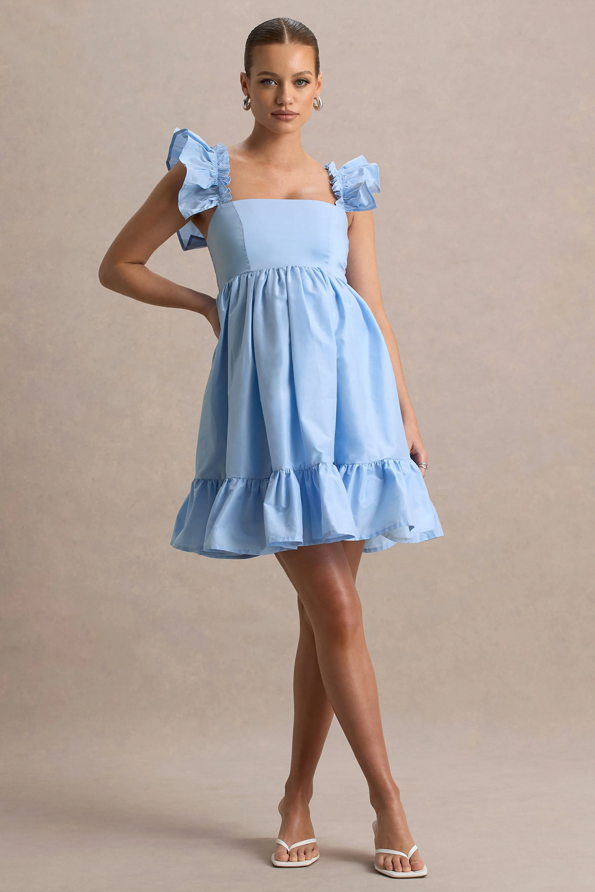 Dolly Daze | Poederblauwe Babydoll Zwangerschaps Mini Jurk Met Ruches Mouwen - Image 6