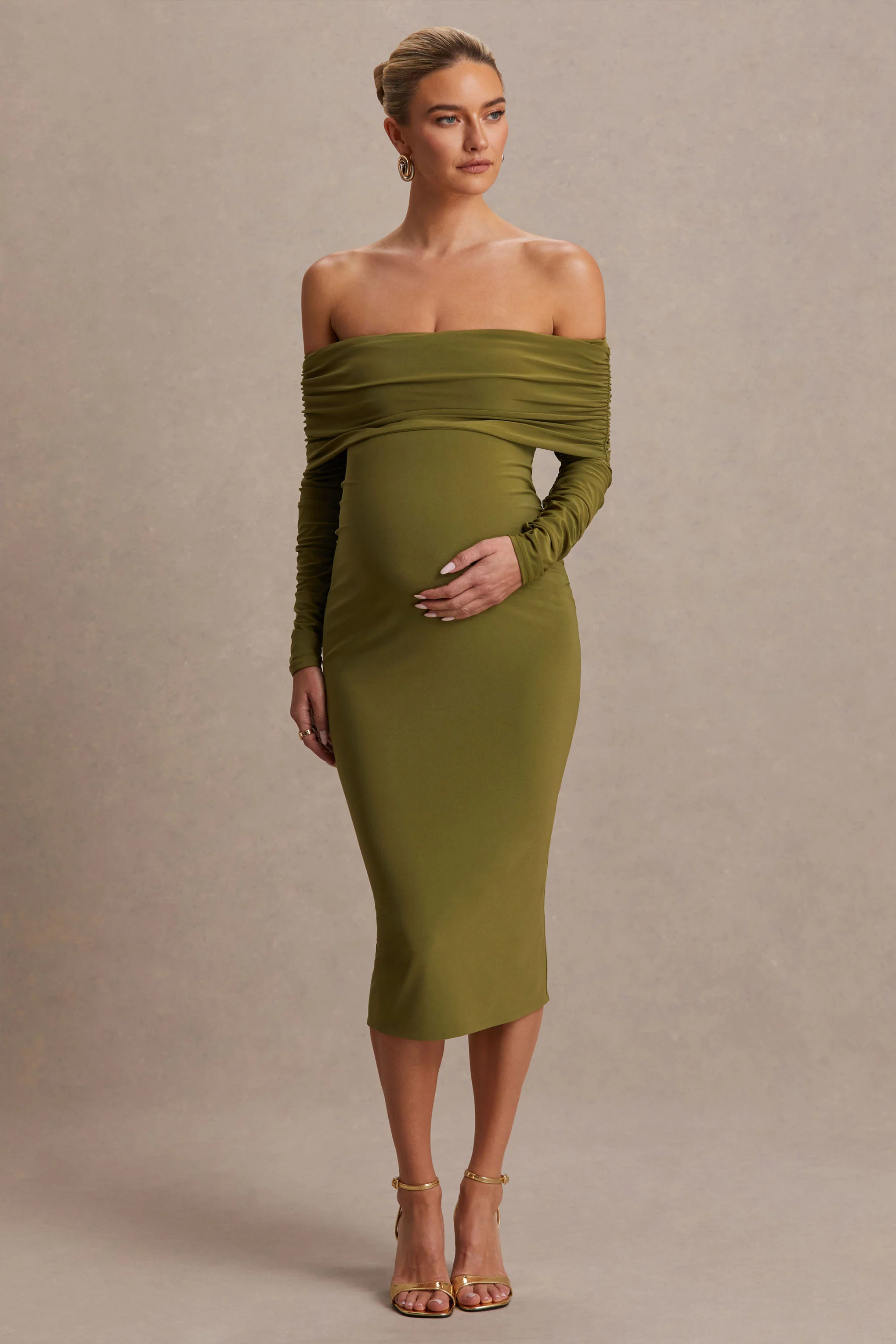 Elspeth | Olijfgroene Zwangerschap Midi Jurk Met Bardot Hals - Image 4
