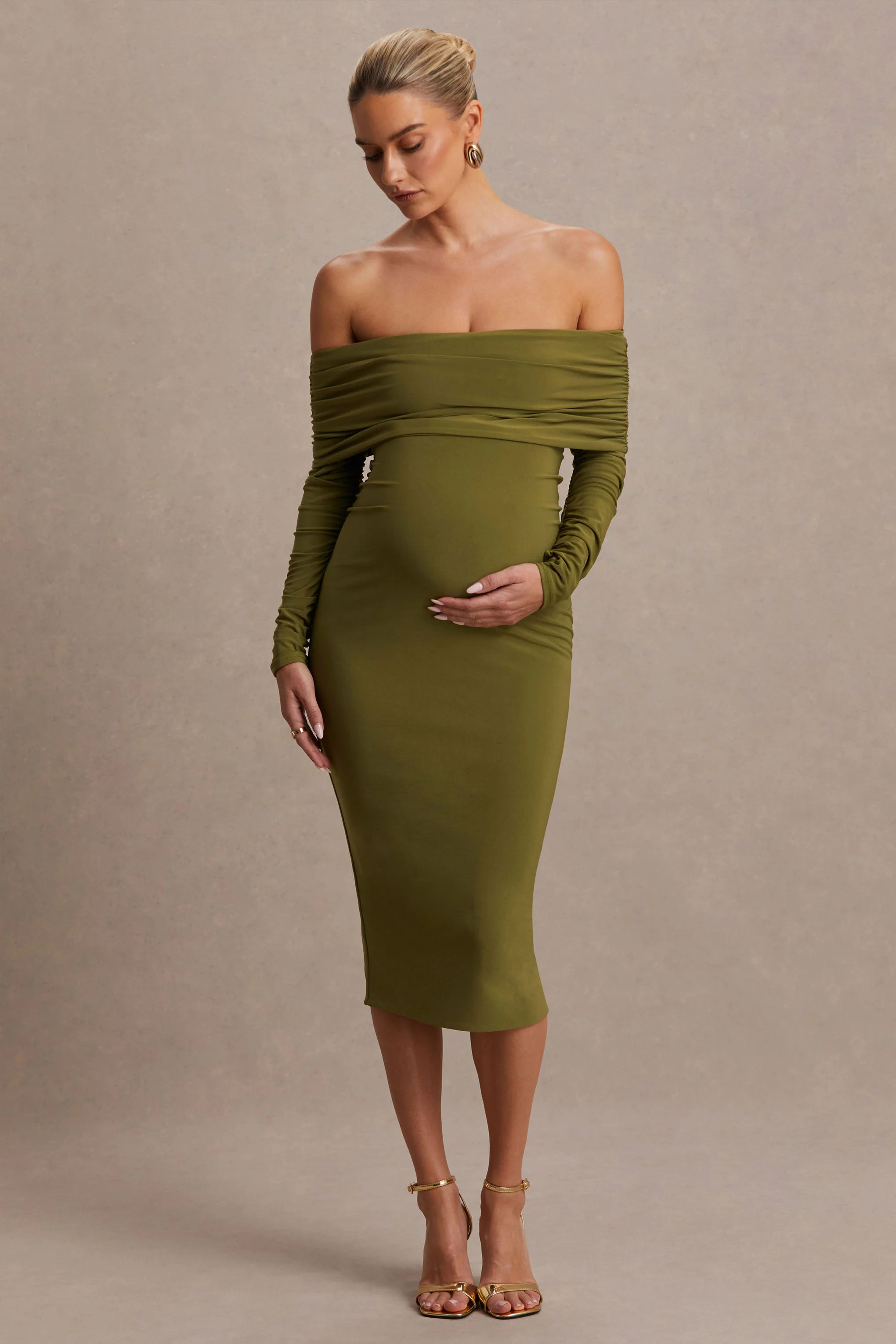 Elspeth | Olijfgroene Zwangerschap Midi Jurk Met Bardot Hals - Image 5