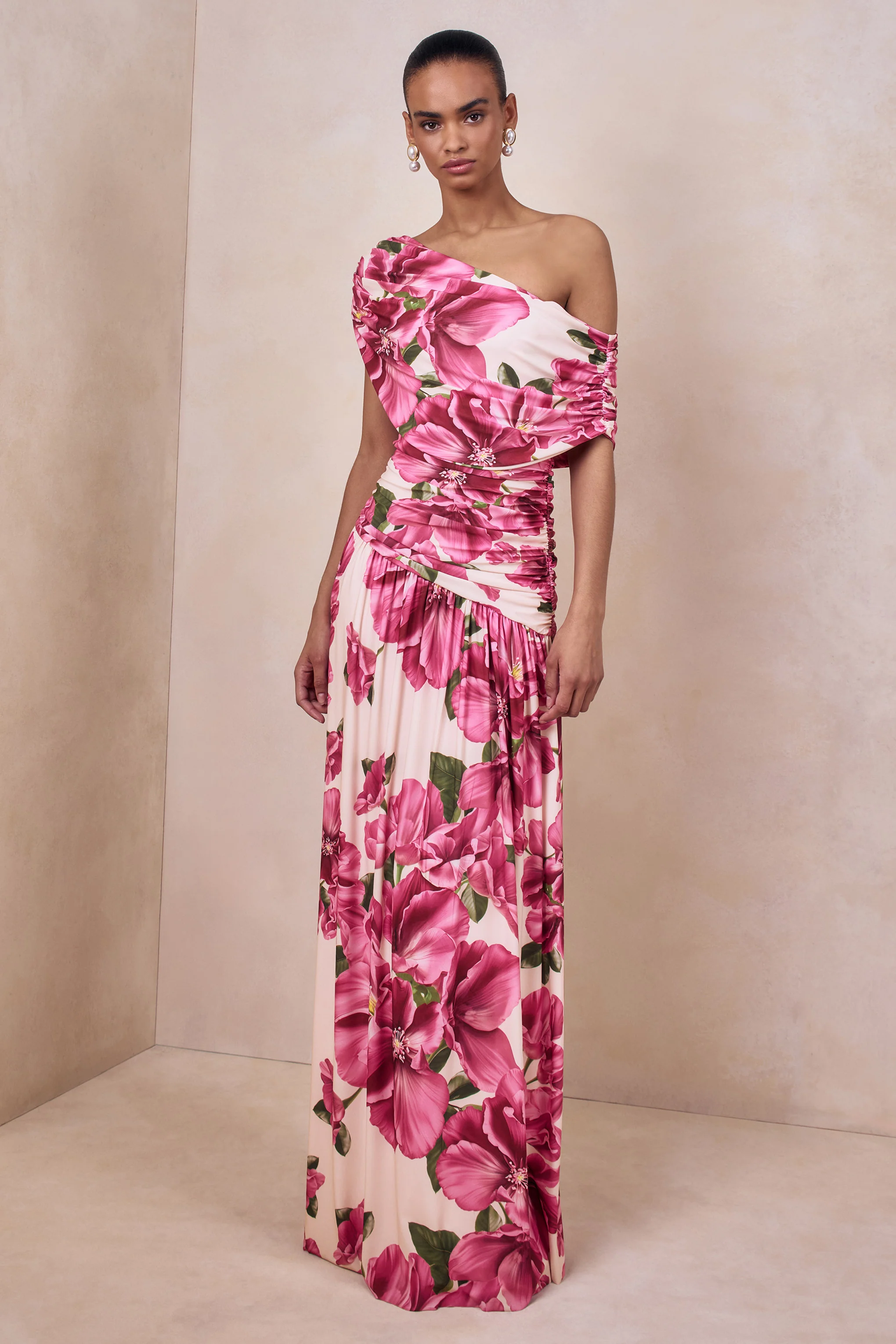 Emberly | Roze Bloemenprint Maxi Jurk Met Asymmetrische Halslijn En Lage Taille - Image 4