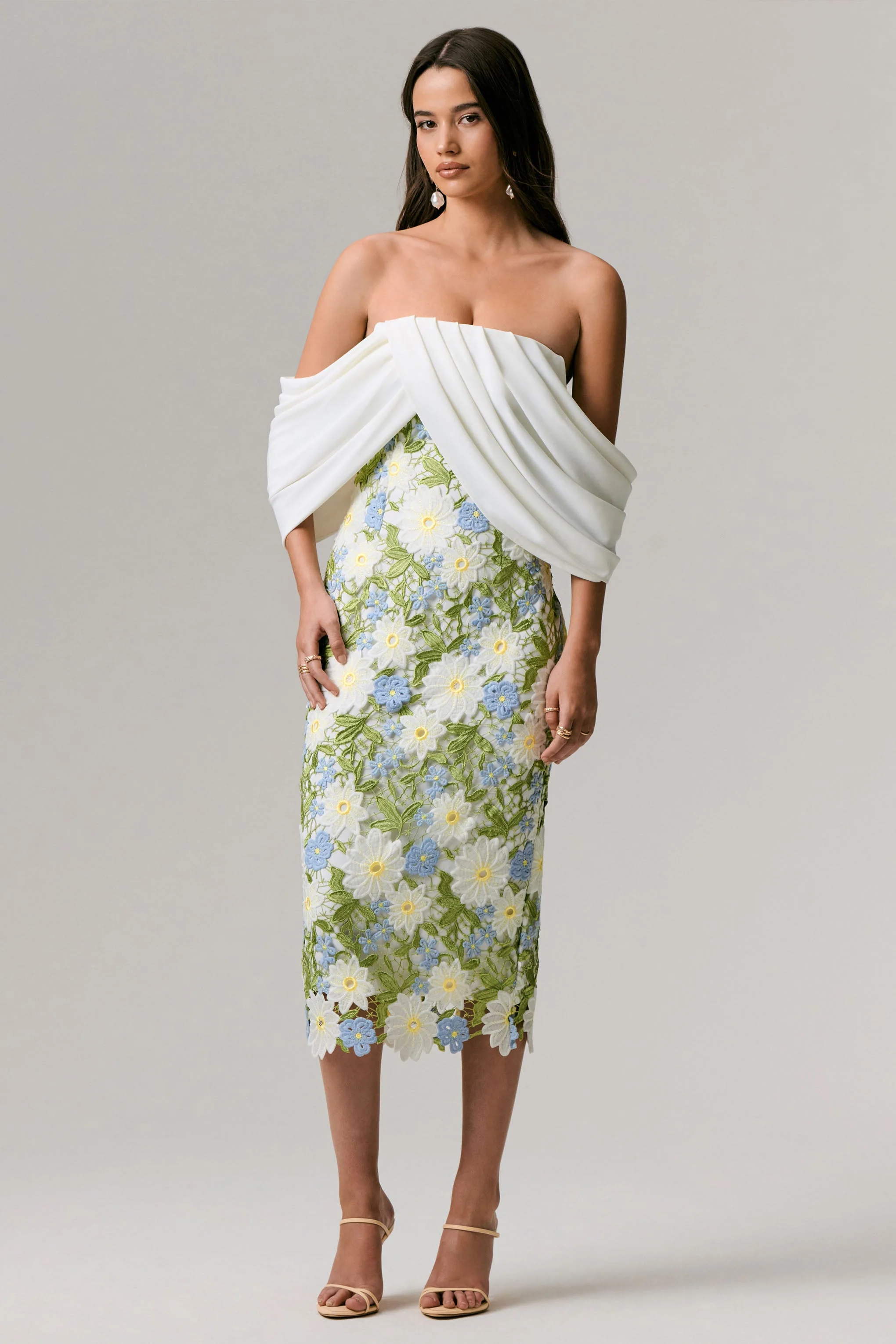 Entitled | Crème Bardot Midi Jurk Met Bloemenkant - Image 3