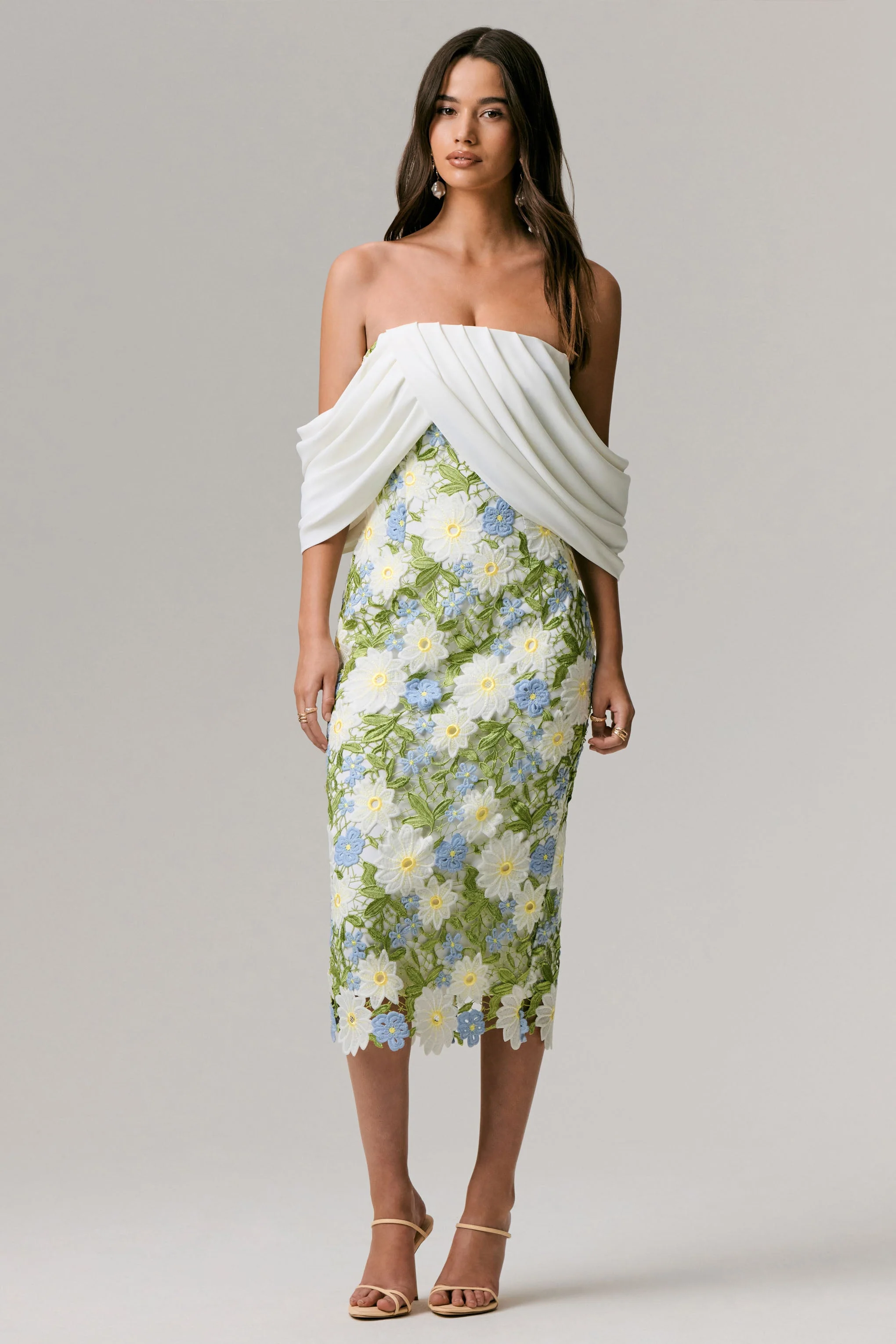 Entitled | Crème Bardot Midi Jurk Met Bloemenkant - Image 4