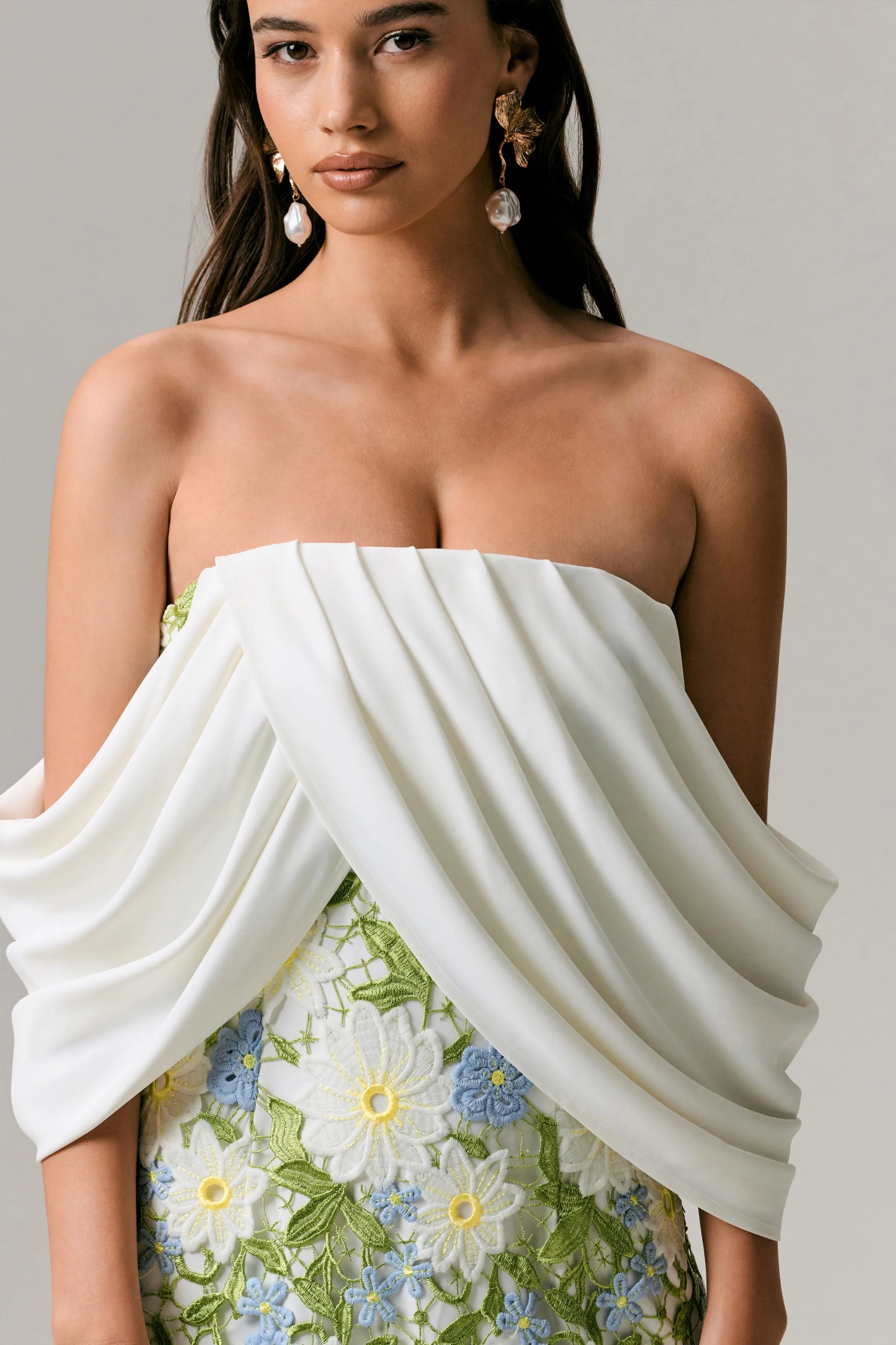 Entitled | Crème Bardot Midi Jurk Met Bloemenkant - Image 5