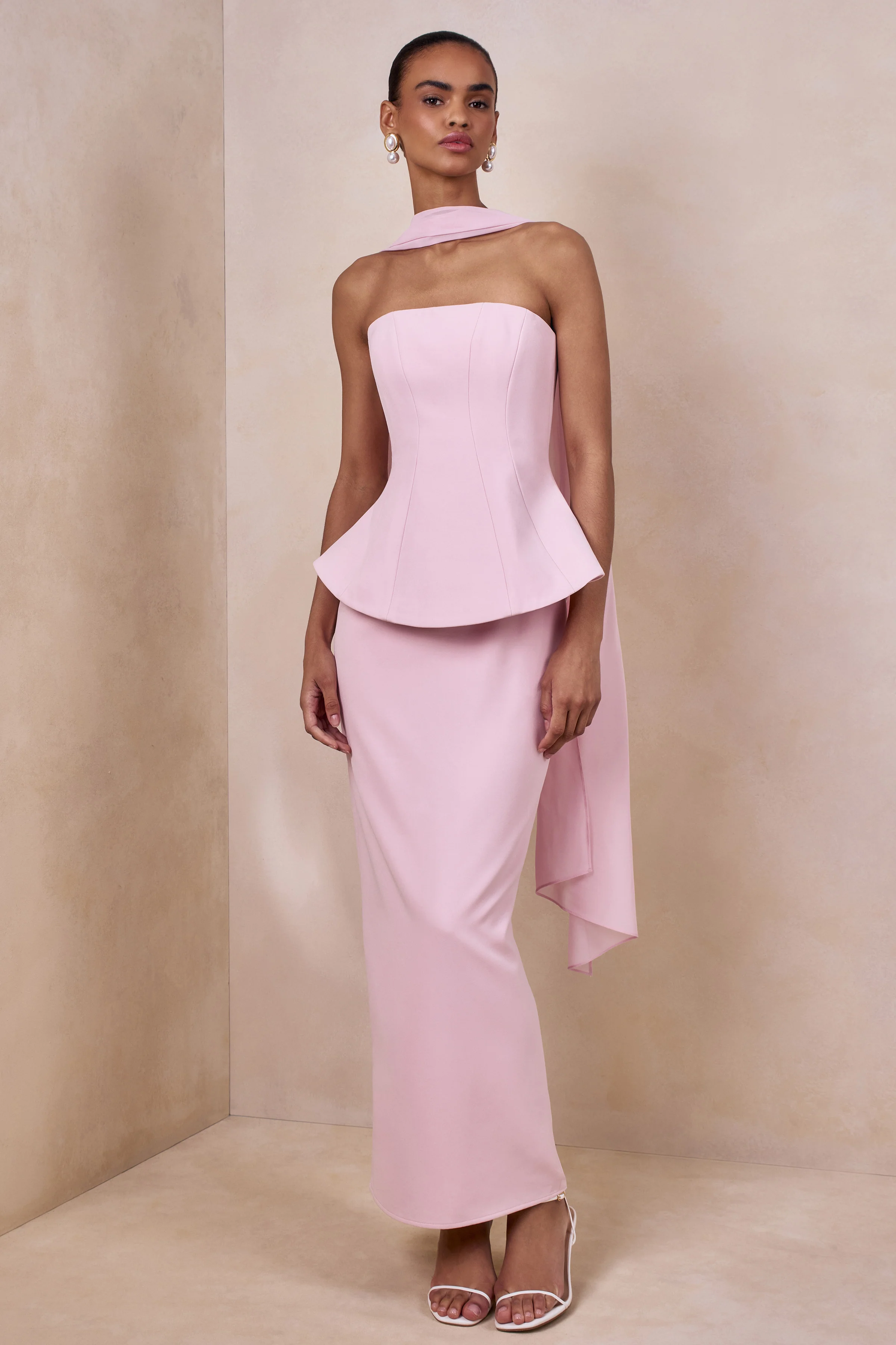 Farron | Licht Roze Bandeau Korset Maxi Jurk Met Sjaal Detail - Image 5