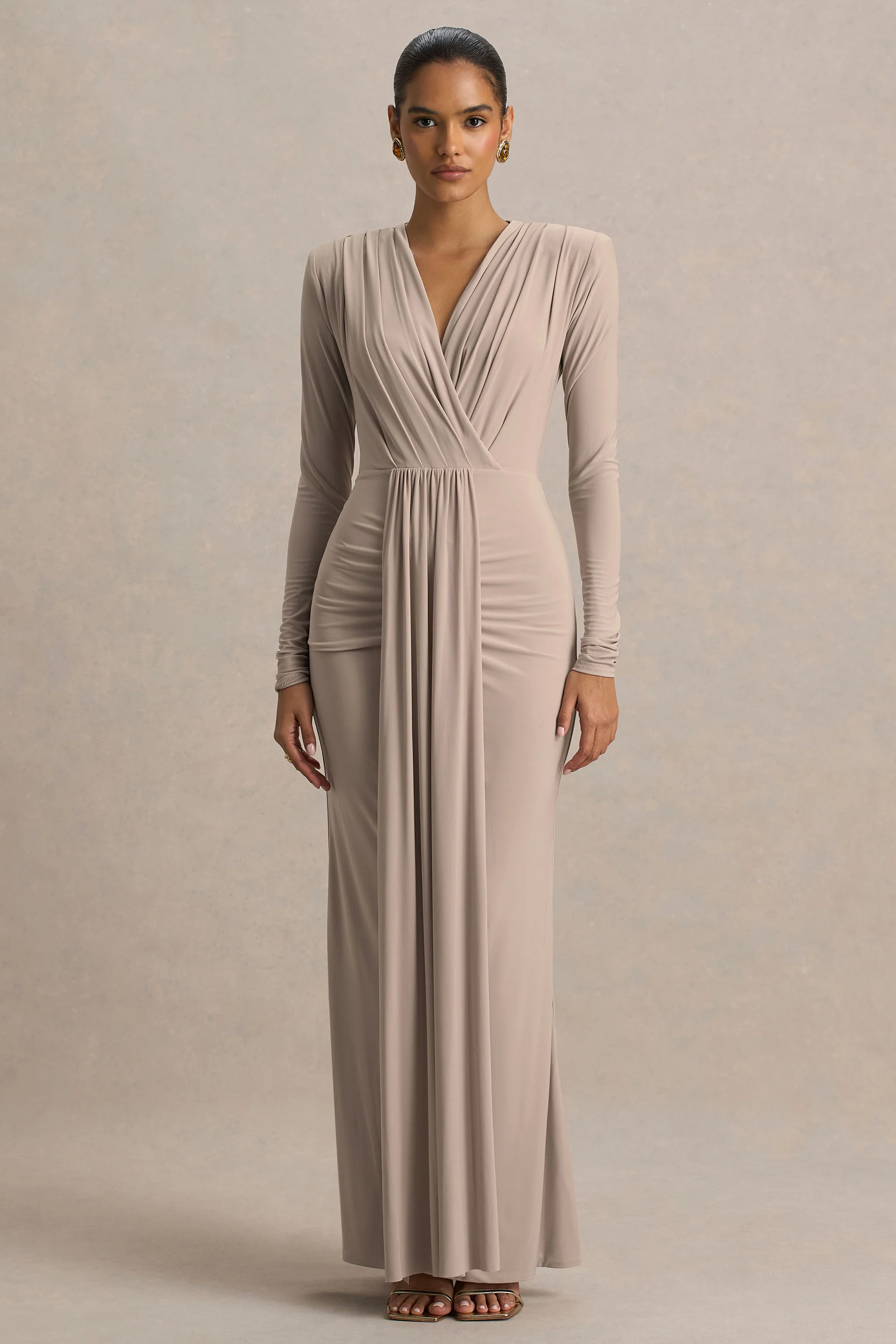 Flashy | Champagne Diepe V-Hals Maxi Jurk Met Gerimpeld Details - Image 3