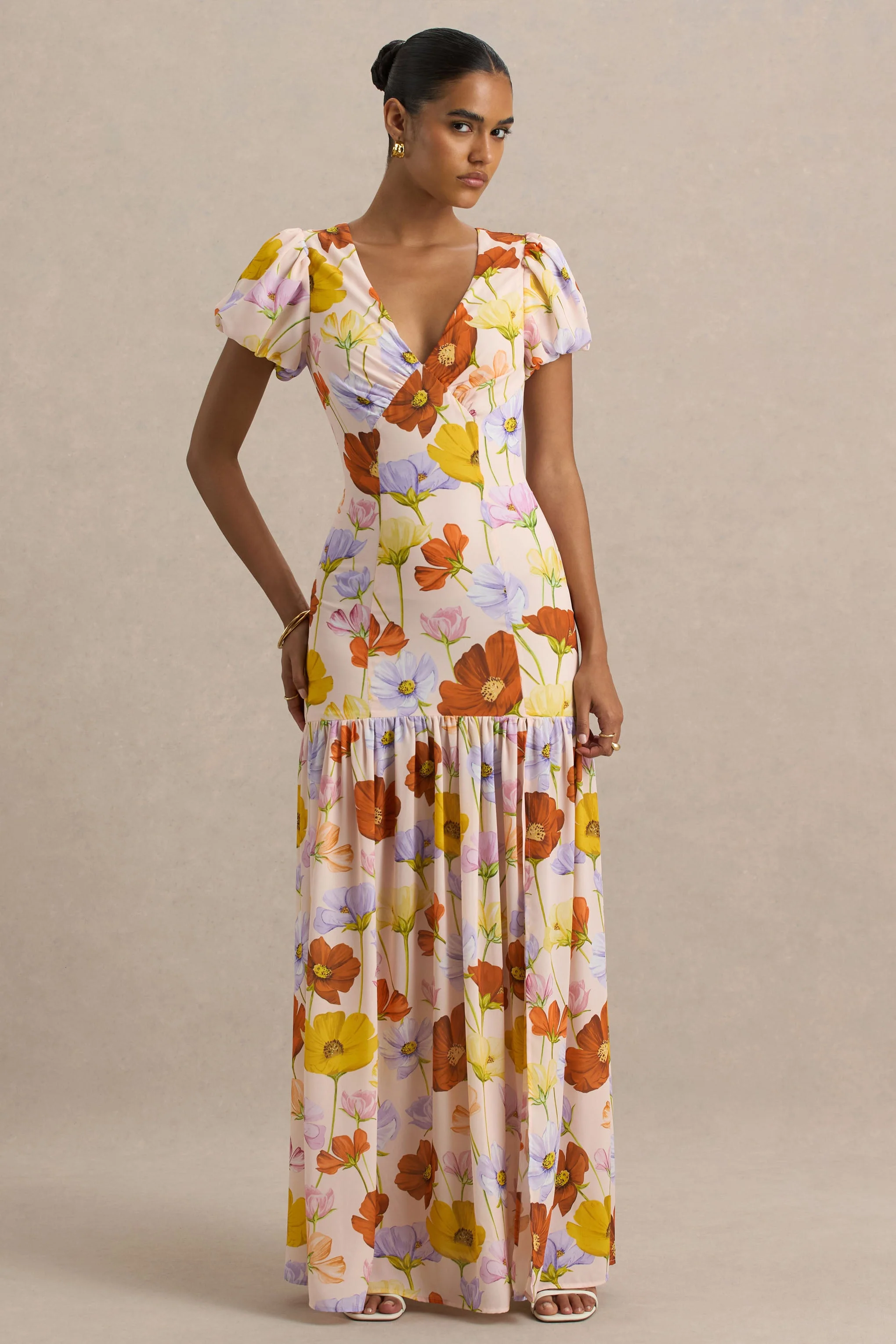 Ginny | Felle Bloemenprint Split Maxi Jurk Met Pof Mouwen - Image 3