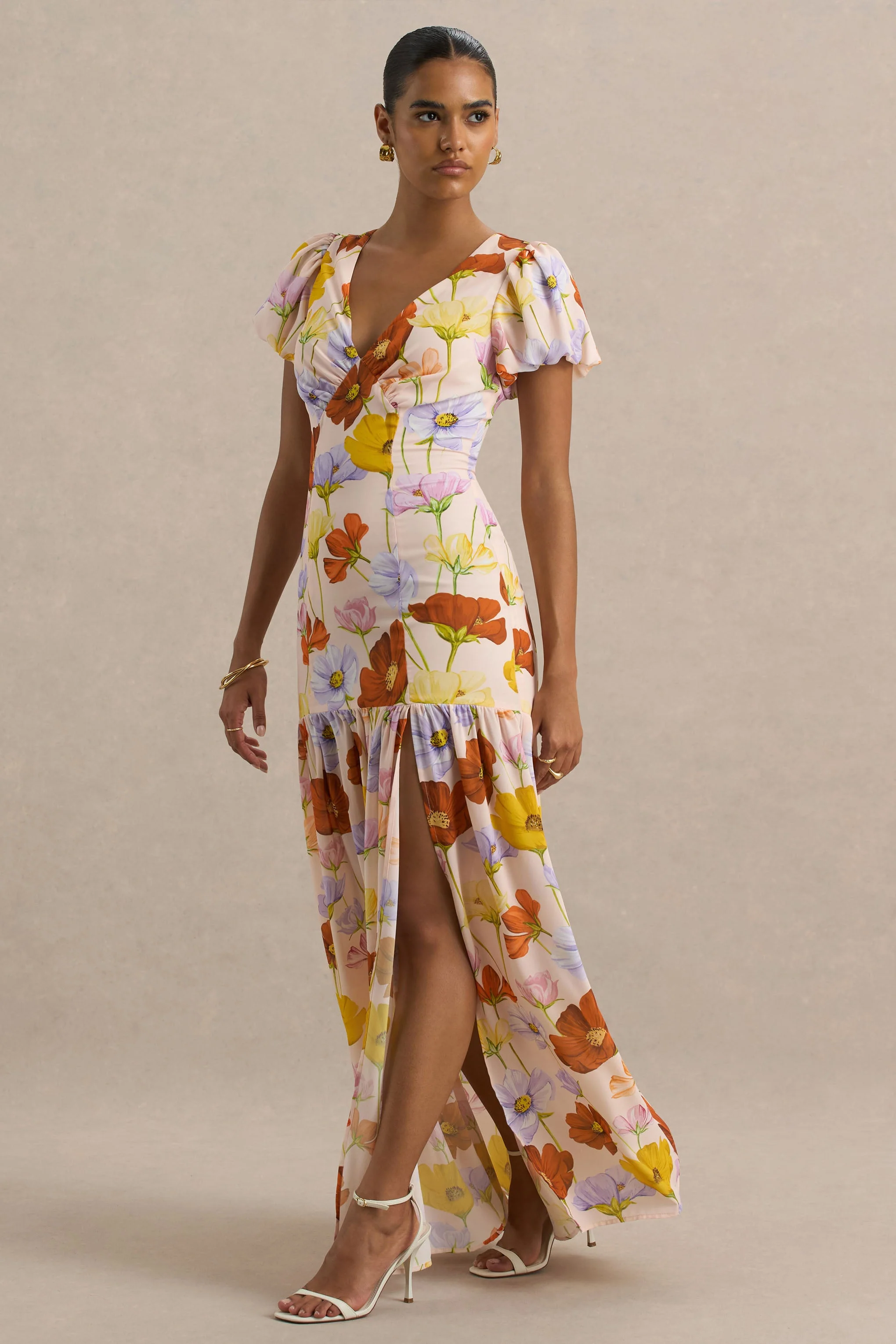 Ginny | Felle Bloemenprint Split Maxi Jurk Met Pof Mouwen - Image 4