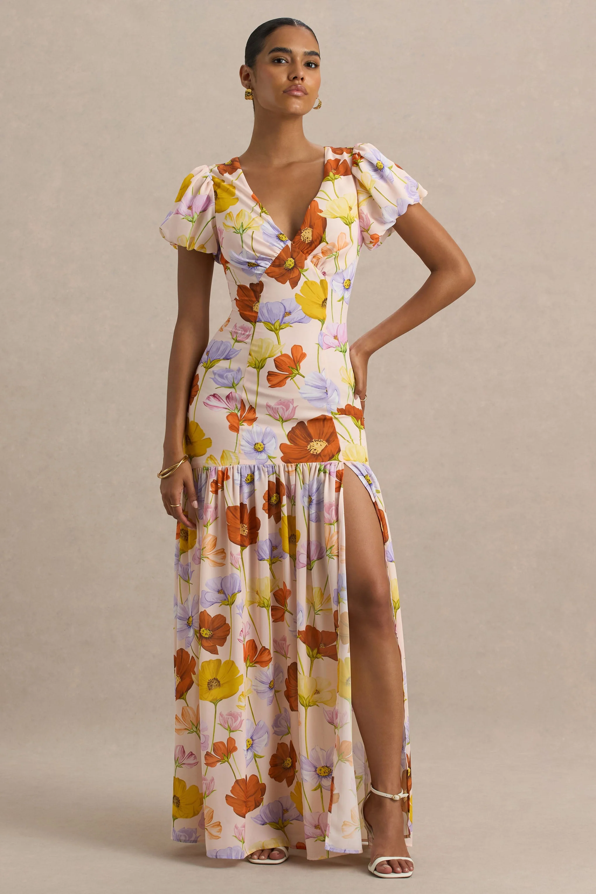 Ginny | Felle Bloemenprint Split Maxi Jurk Met Pof Mouwen - Image 5