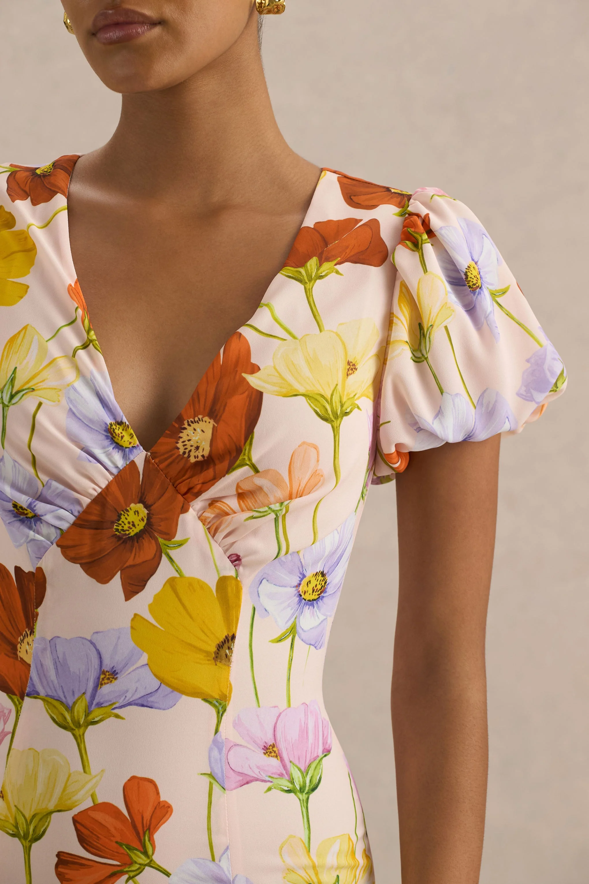 Ginny | Felle Bloemenprint Split Maxi Jurk Met Pof Mouwen - Image 6