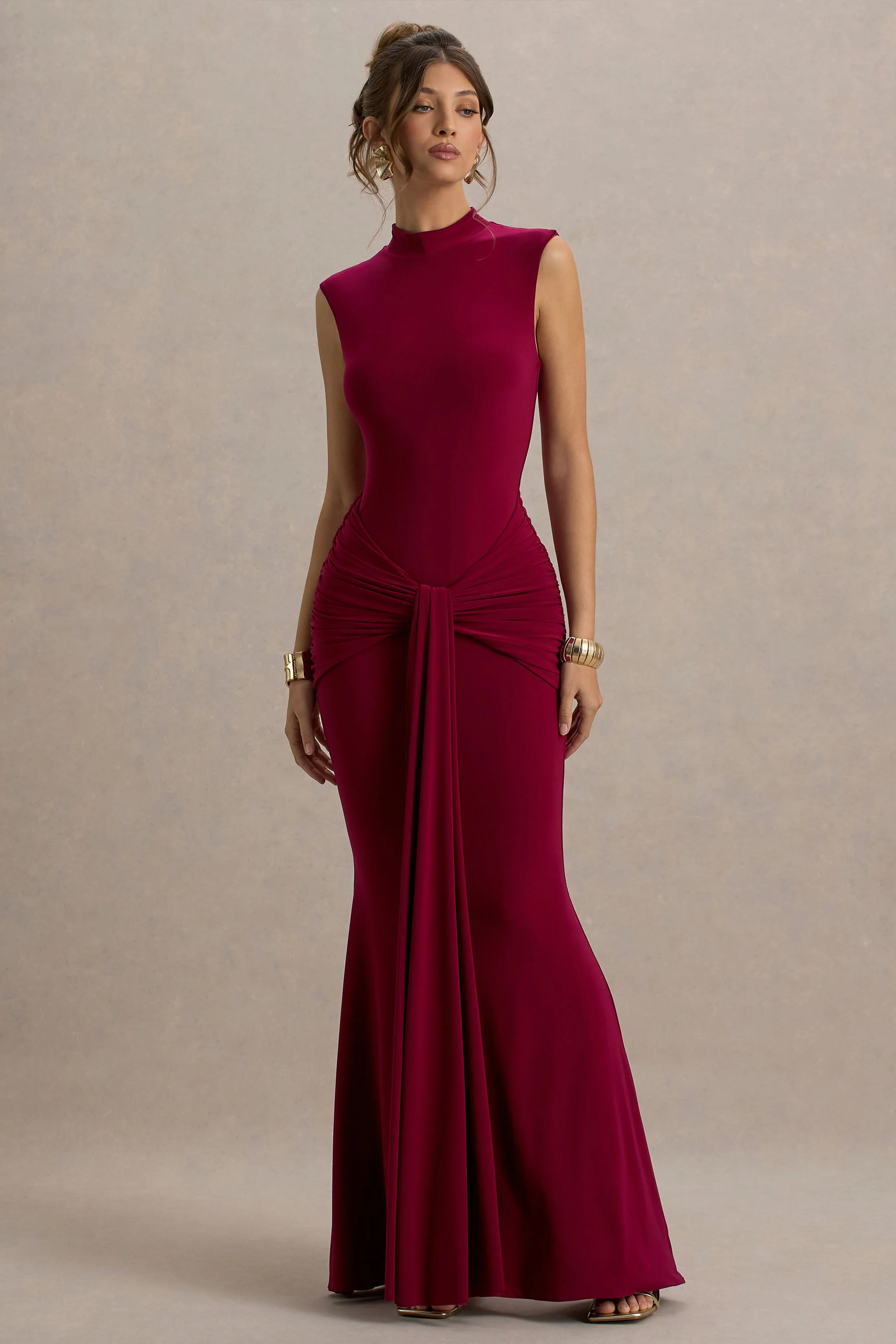 Graziana | Donker Kersenrode Hoge Hals Maxi Jurk Met Gerimpeld Drapering - Image 5
